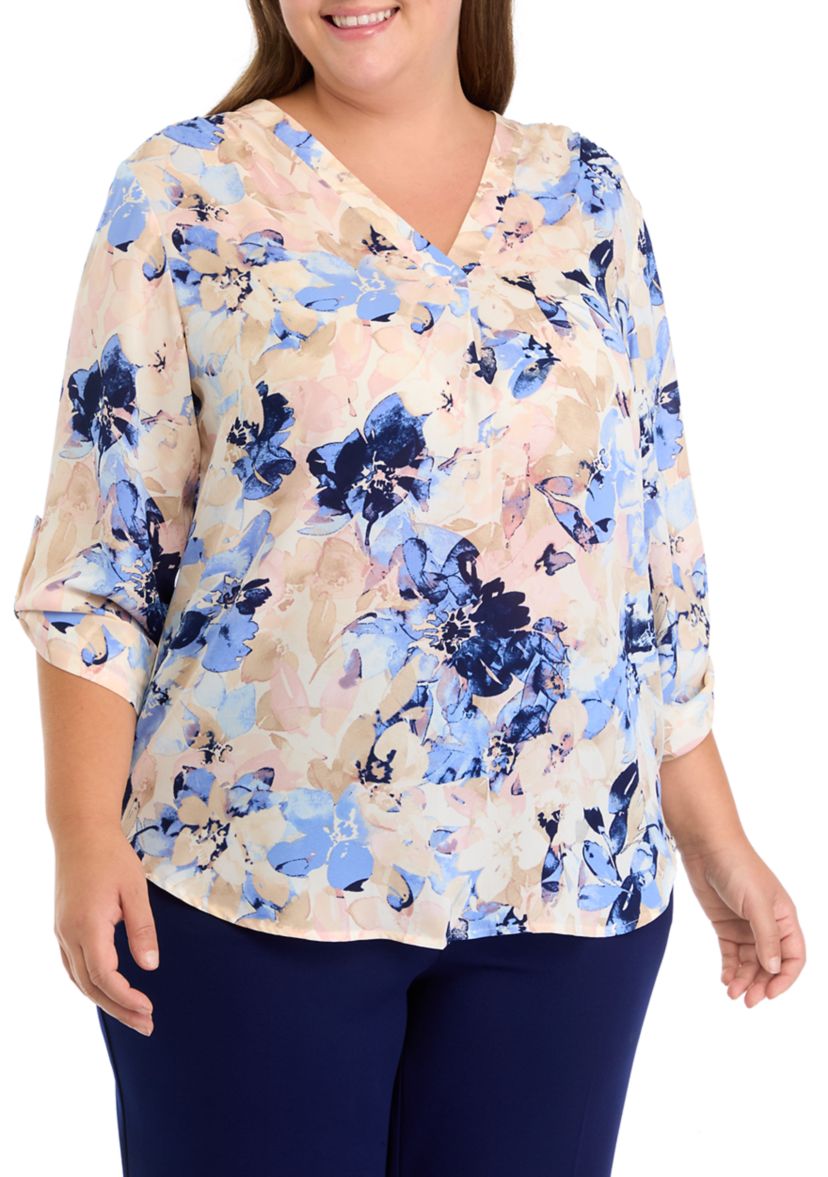 Plus Size Long Sleeve V-Neck Pleat Front Tunic 