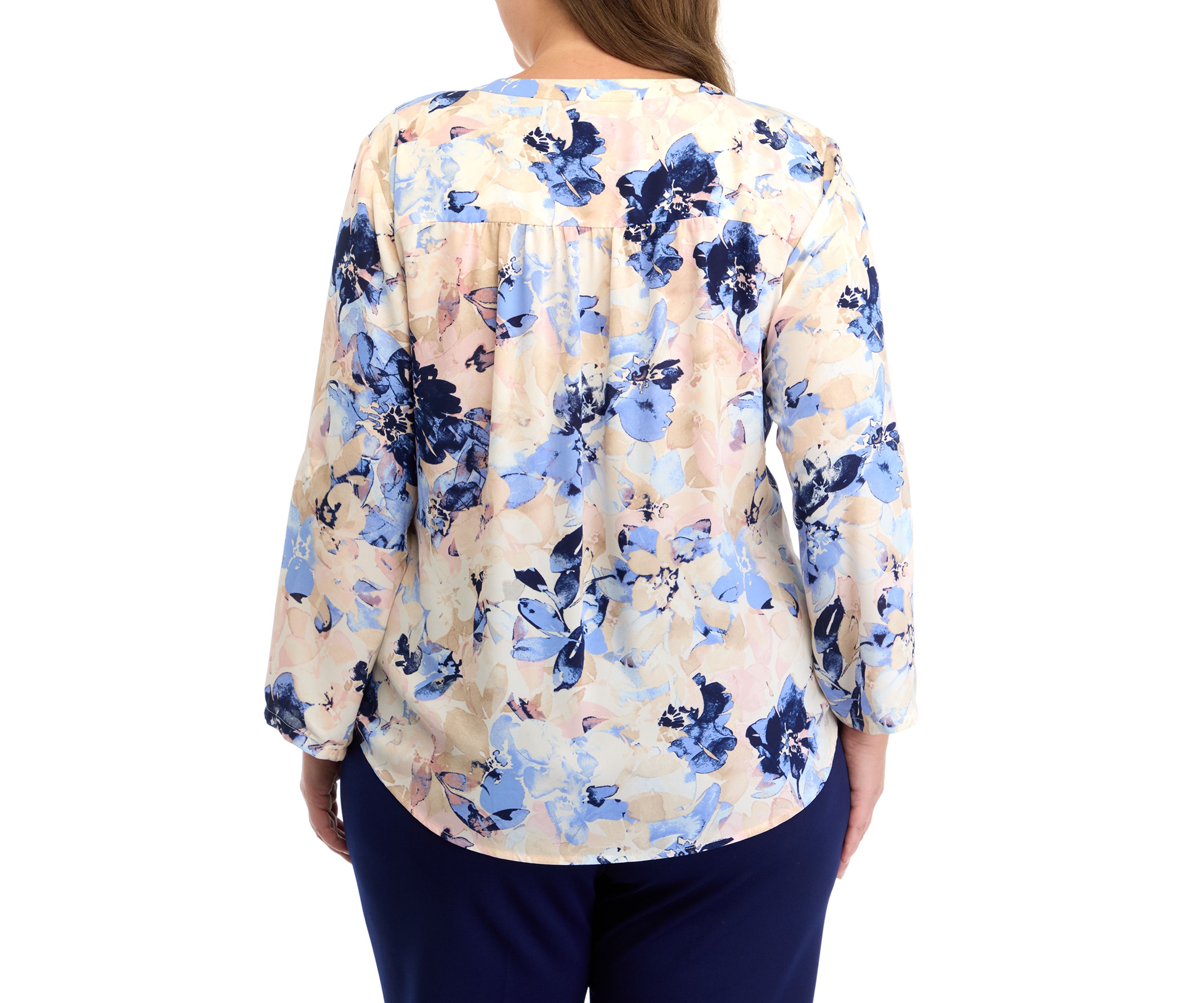 Plus Size Long Sleeve V-Neck Pleat Front Tunic 