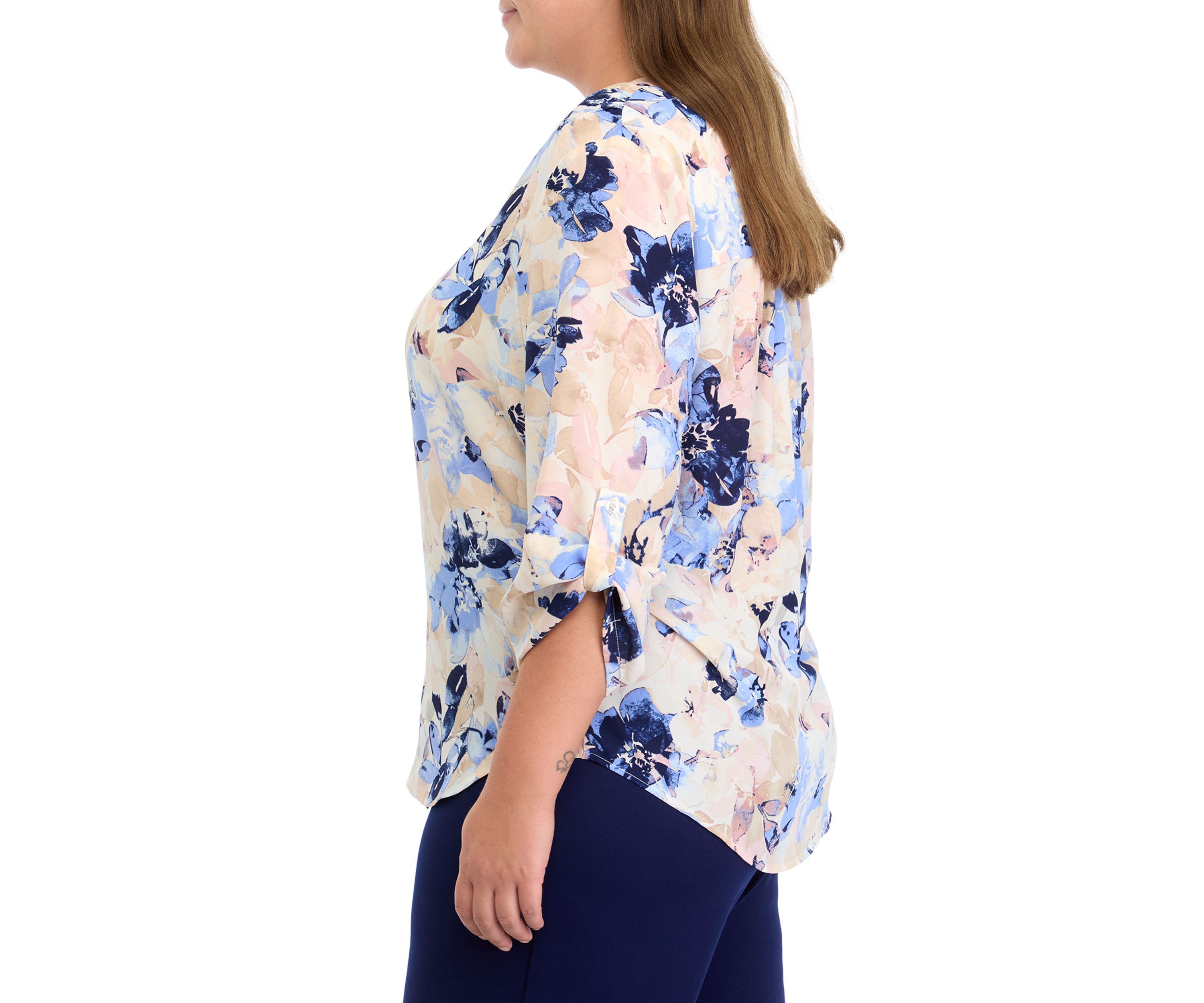 Plus Size Long Sleeve V-Neck Pleat Front Tunic 