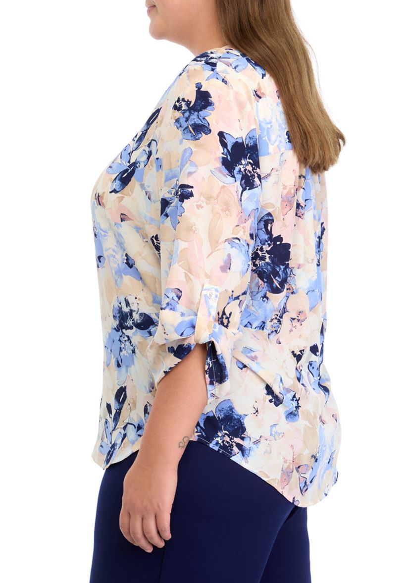 Plus Size Long Sleeve V-Neck Pleat Front Tunic 