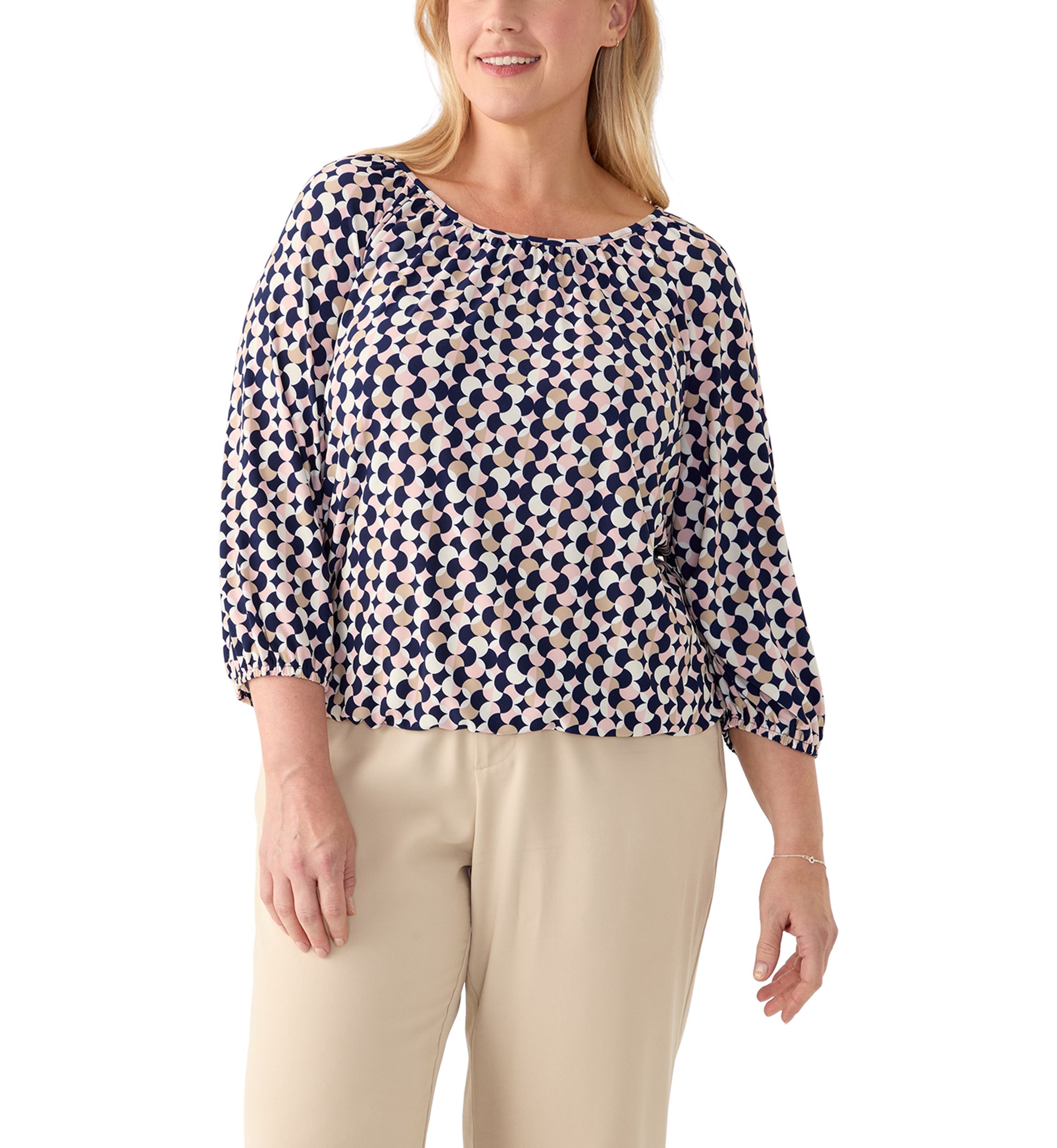 Plus Size 3/4 Sleeve Knit Shirred Peasant Top