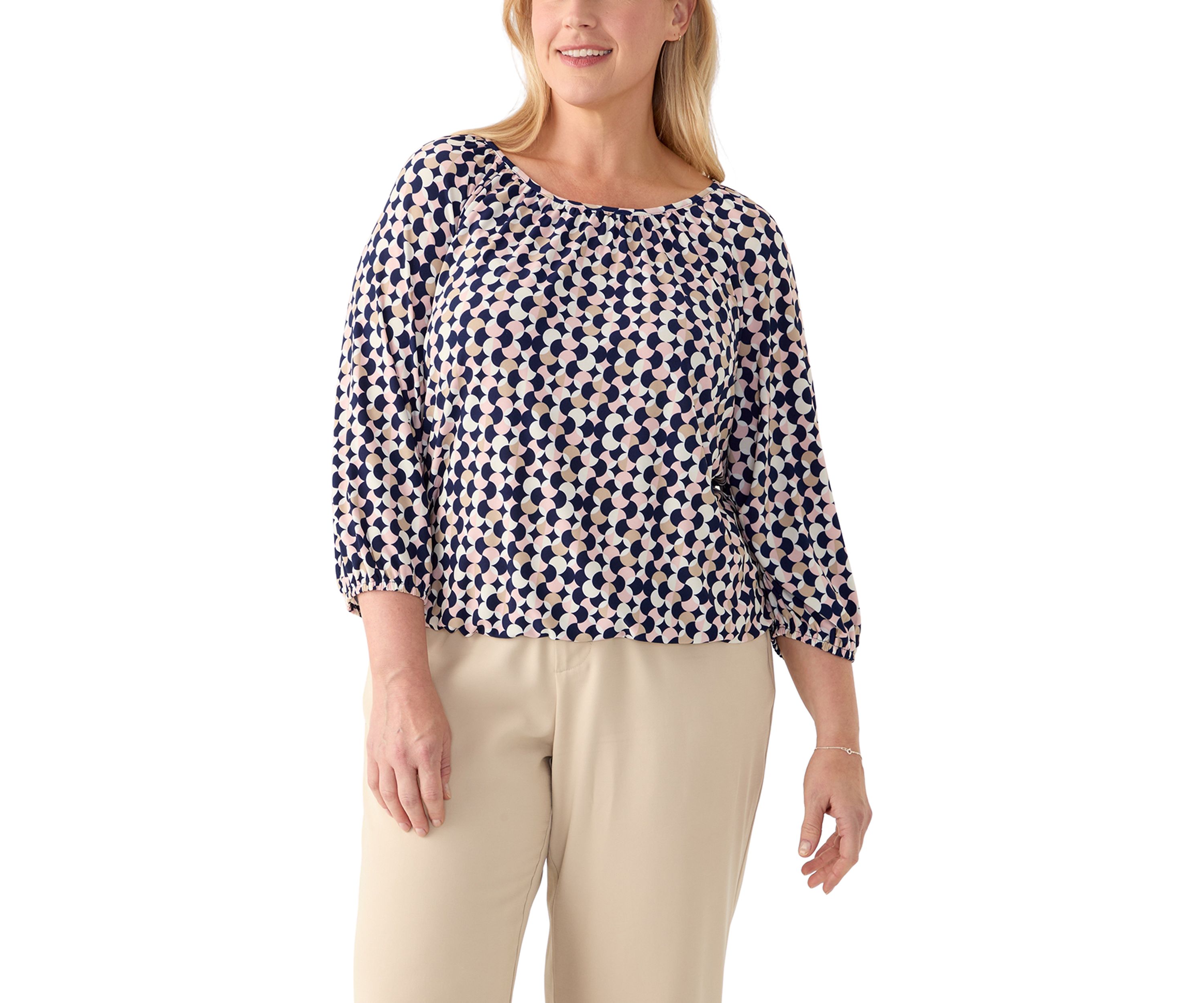 Plus Size 3/4 Sleeve Knit Shirred Peasant Top
