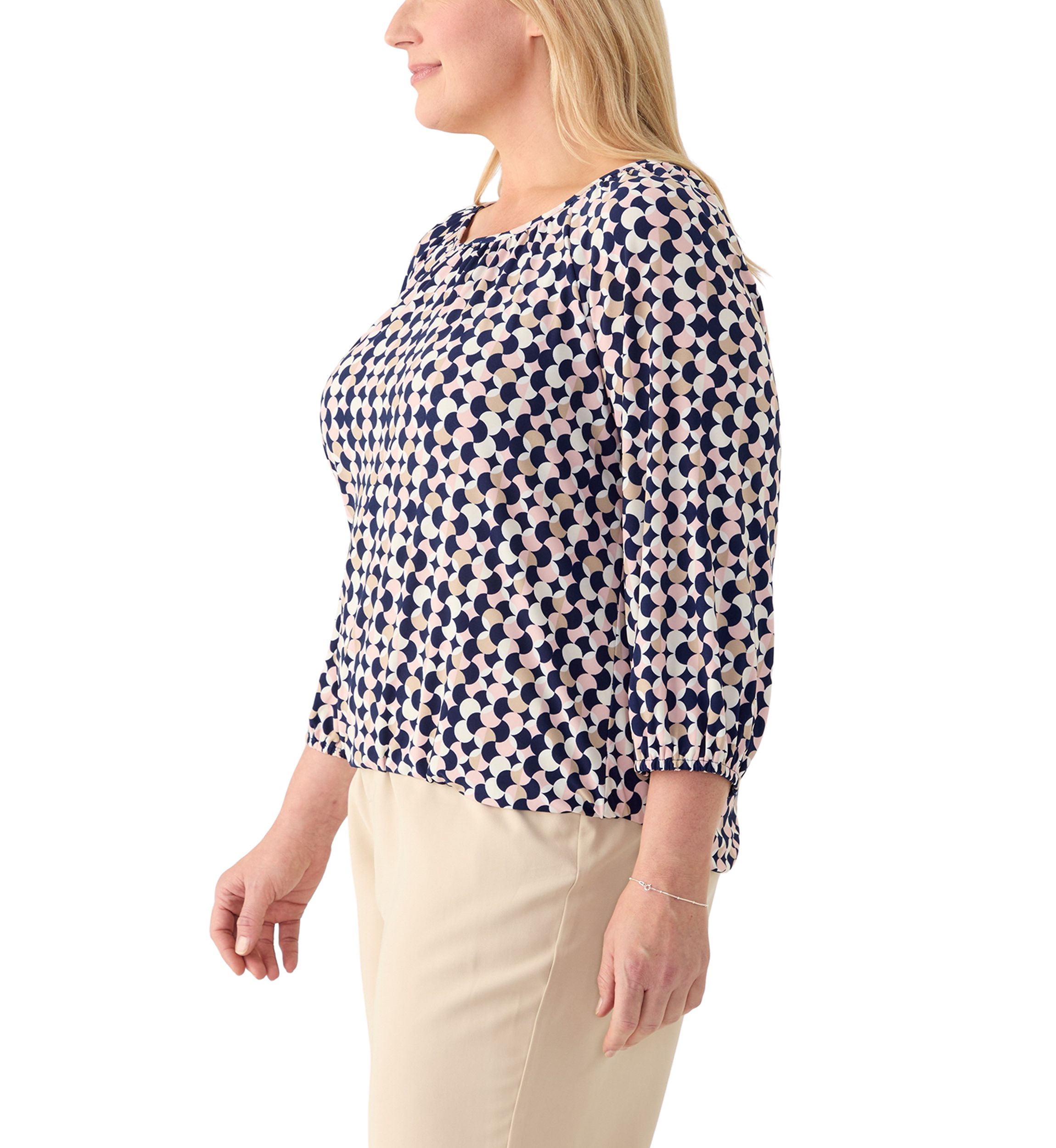 Plus Size 3/4 Sleeve Knit Shirred Peasant Top