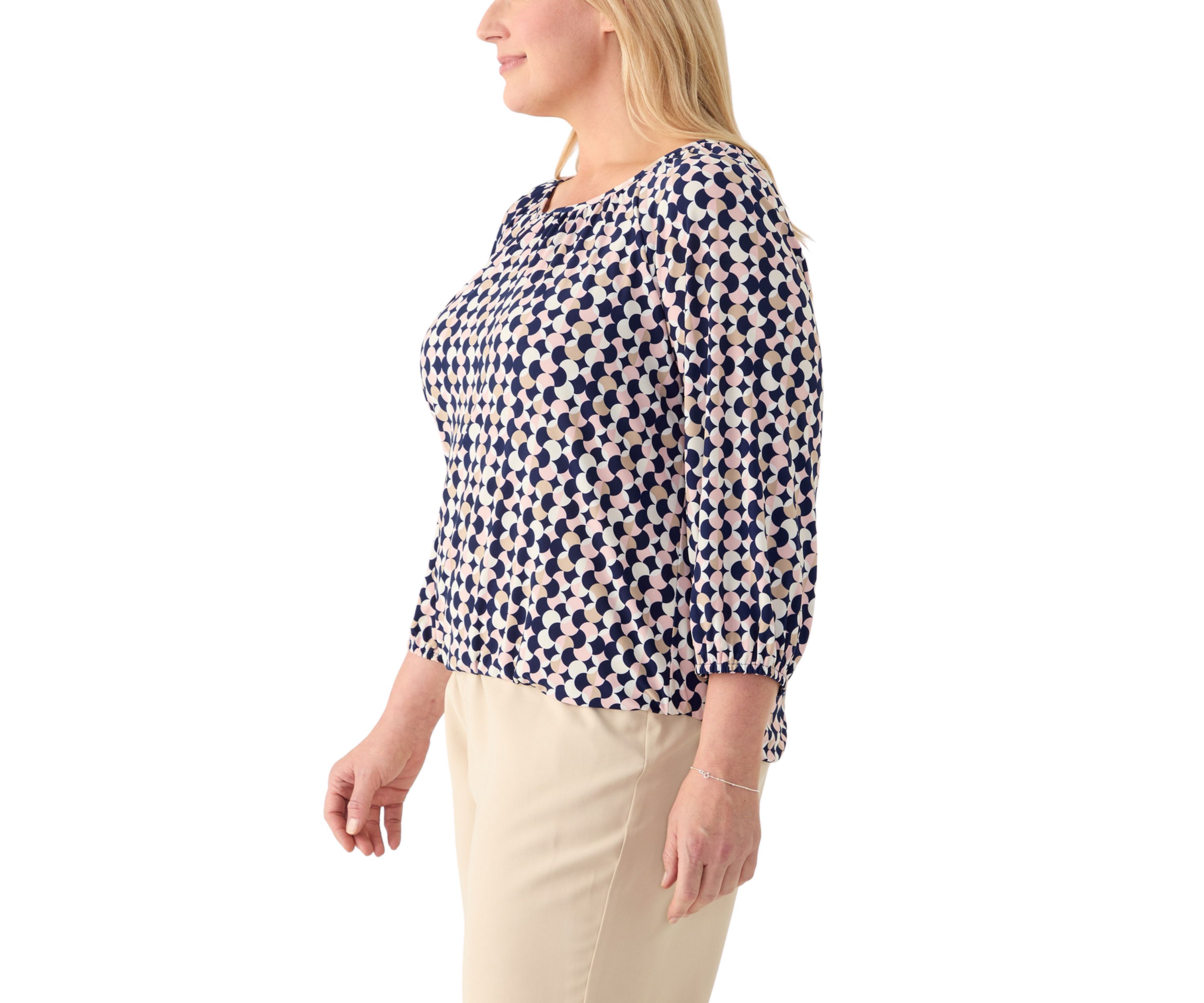 Plus Size 3/4 Sleeve Knit Shirred Peasant Top