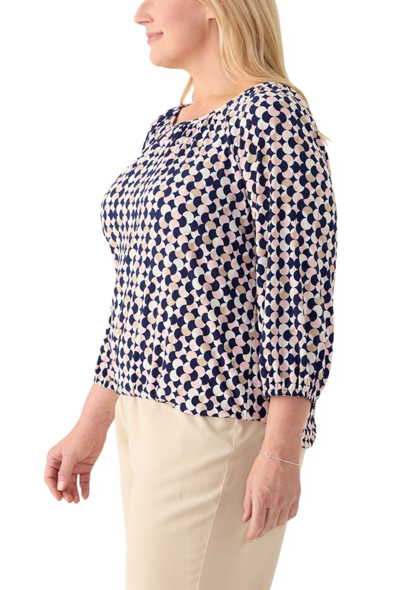 Plus Size 3/4 Sleeve Knit Shirred Peasant Top