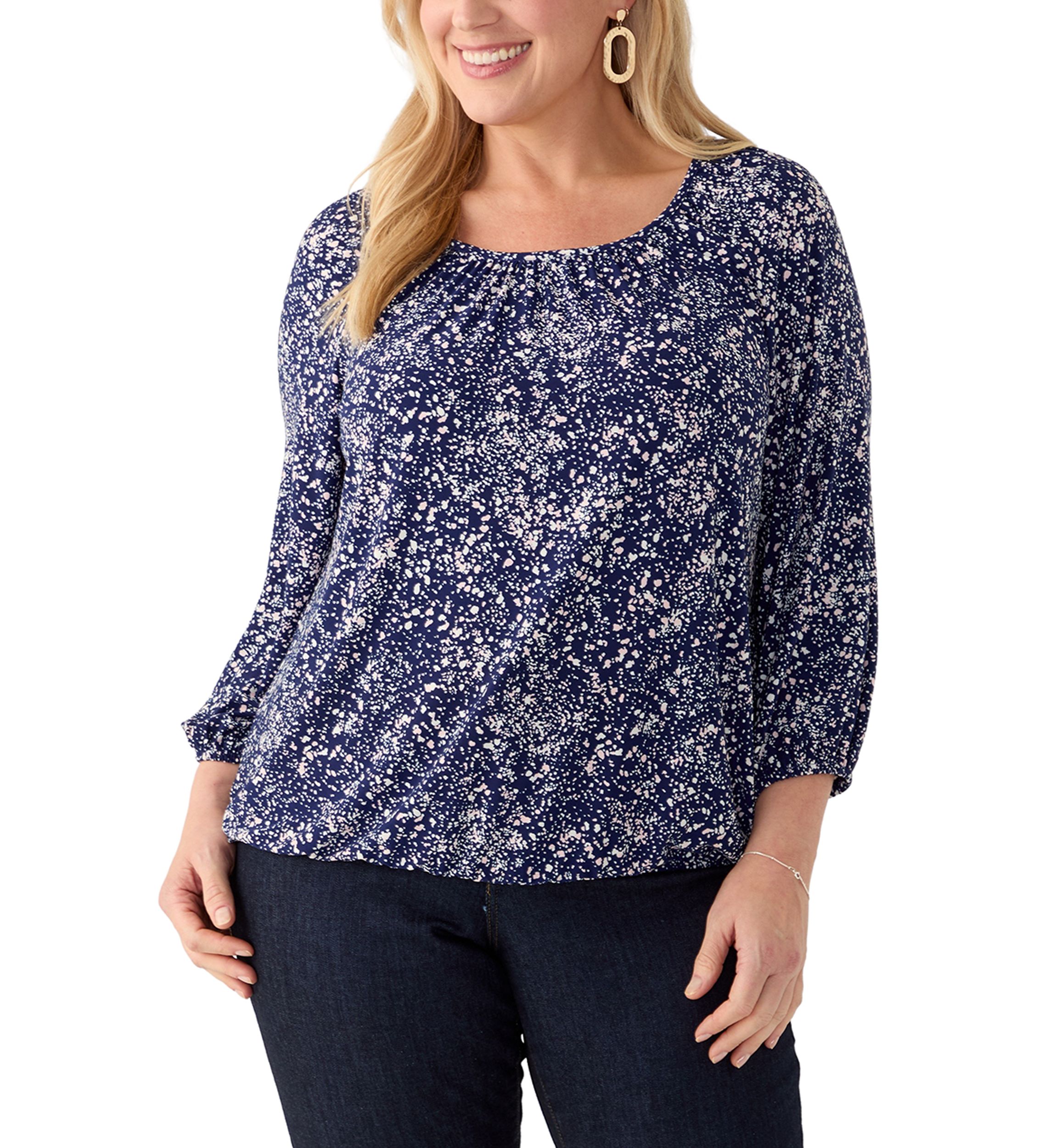 Plus Size 3/4 Sleeve Knit Shirred Peasant Top