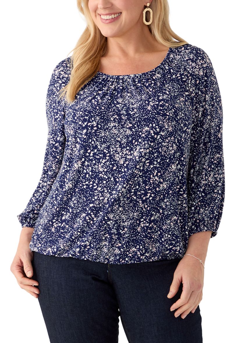 Plus Size 3/4 Sleeve Knit Shirred Peasant Top