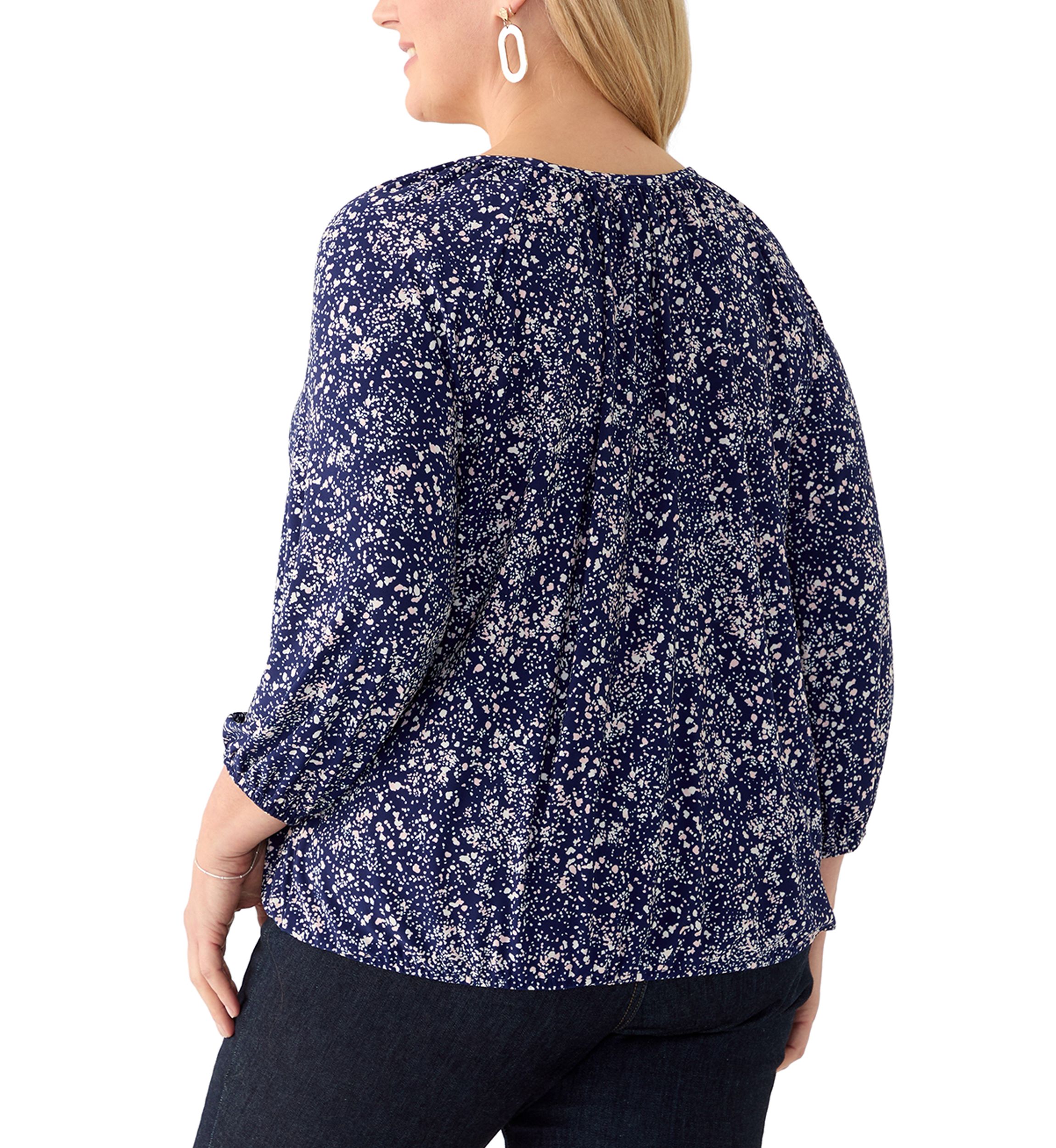 Plus Size 3/4 Sleeve Knit Shirred Peasant Top