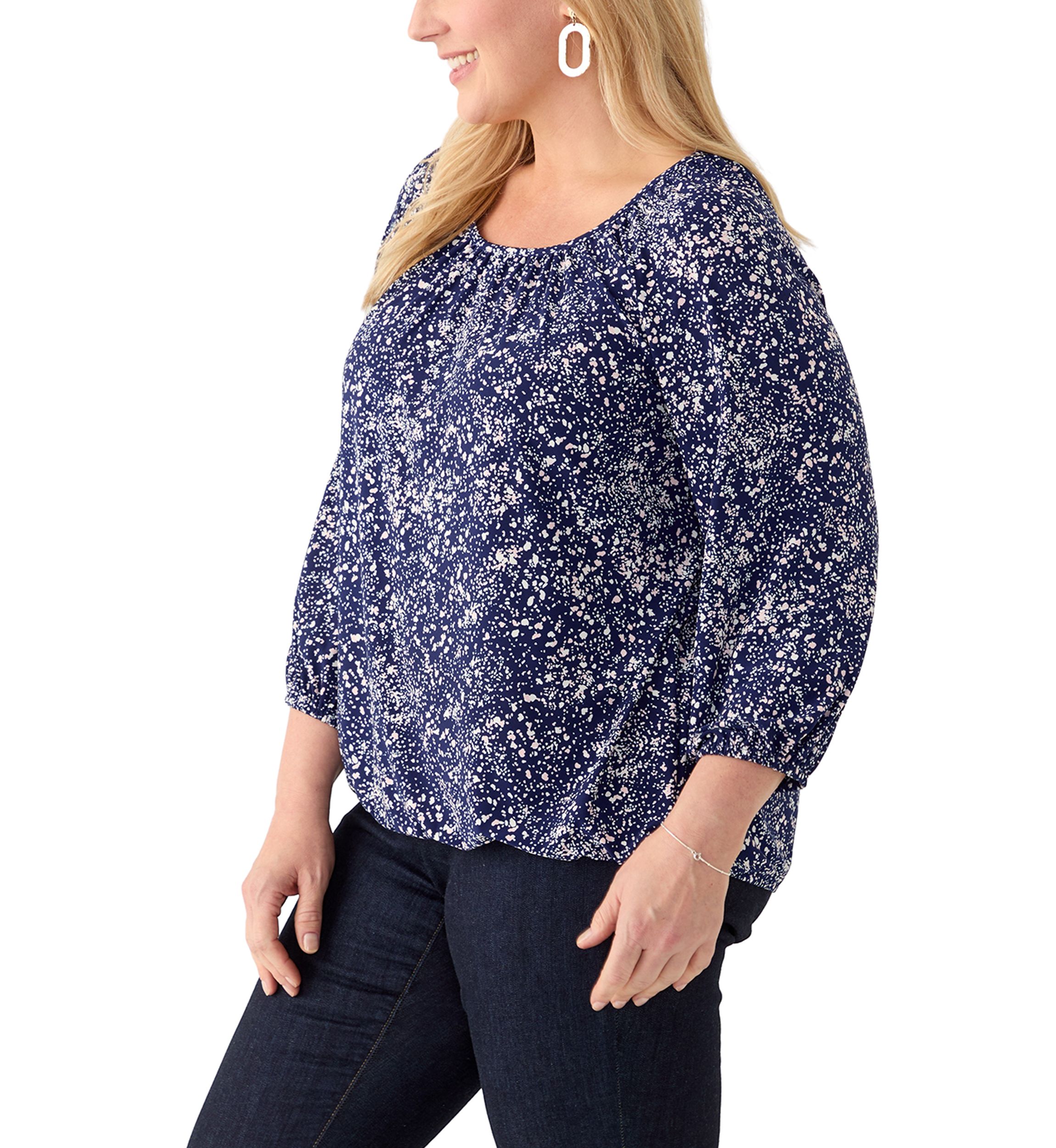 Plus Size 3/4 Sleeve Knit Shirred Peasant Top