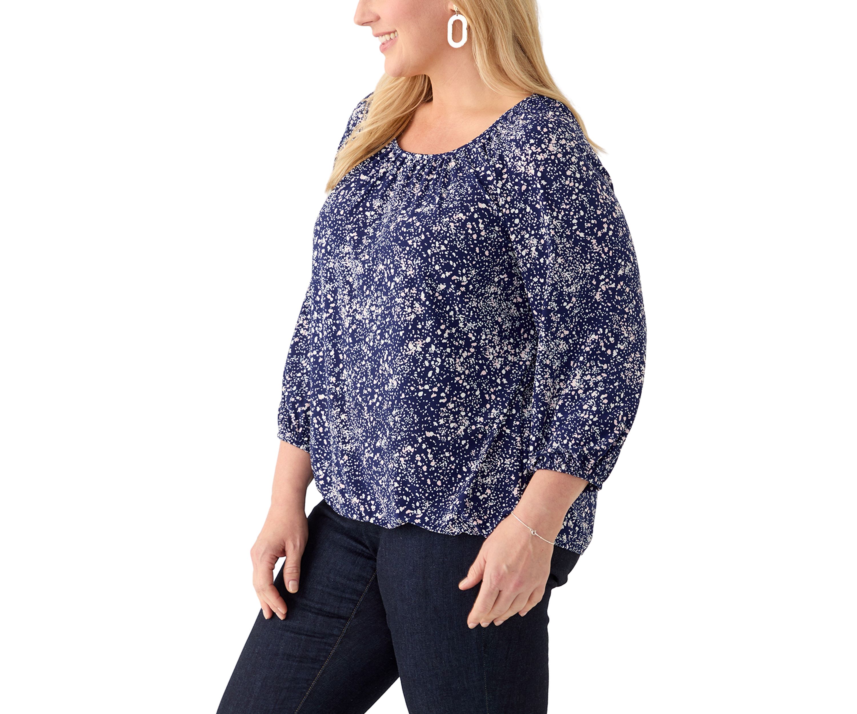 Plus Size 3/4 Sleeve Knit Shirred Peasant Top