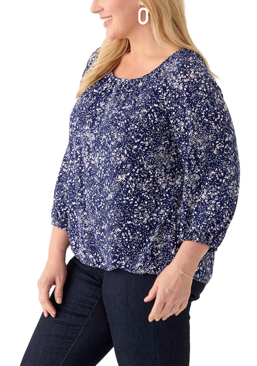 Plus Size 3/4 Sleeve Knit Shirred Peasant Top