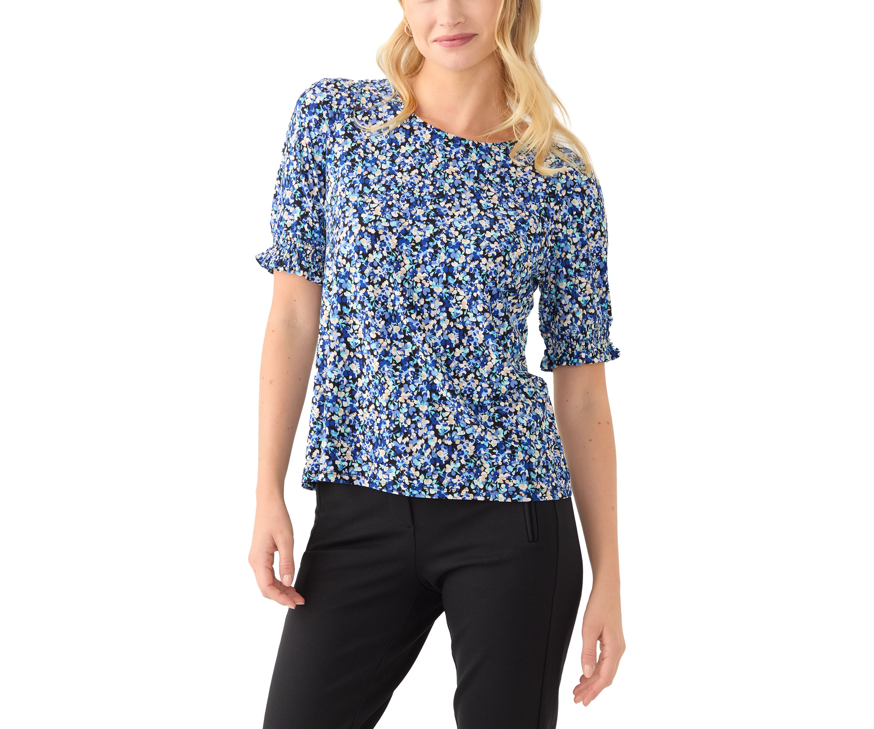 Petite Elbow Sleeve Smocked Cuff Blouse