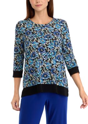 AK Anne Klein Women's Petite 3/4 Sleeve Tunic Top with Combo Blocking
