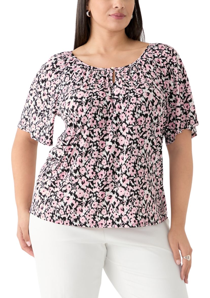 Plus Size Printed Drape Sleeve Blouse