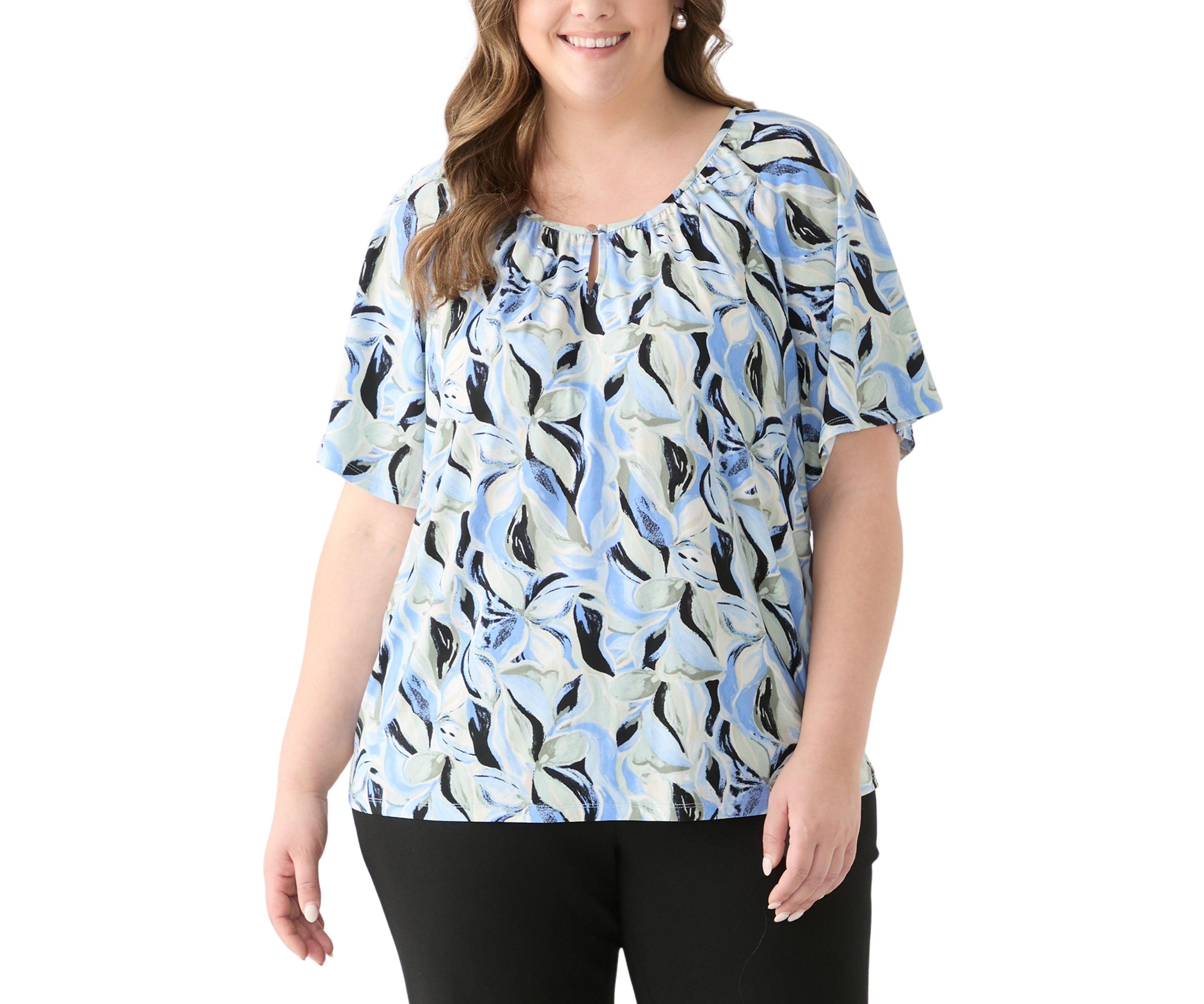 Plus Size Elbow Raglan Sleeve Printed Peasant Top