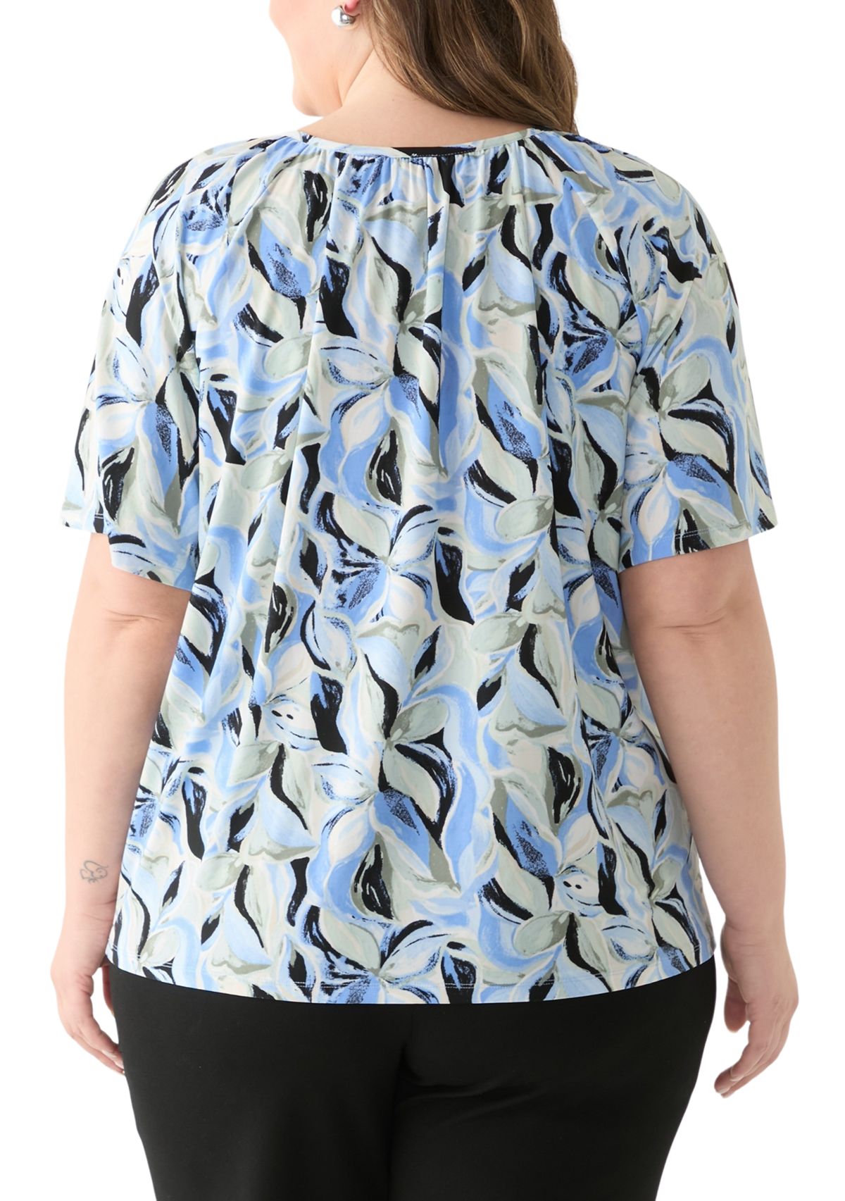 Plus Size Elbow Raglan Sleeve Printed Peasant Top