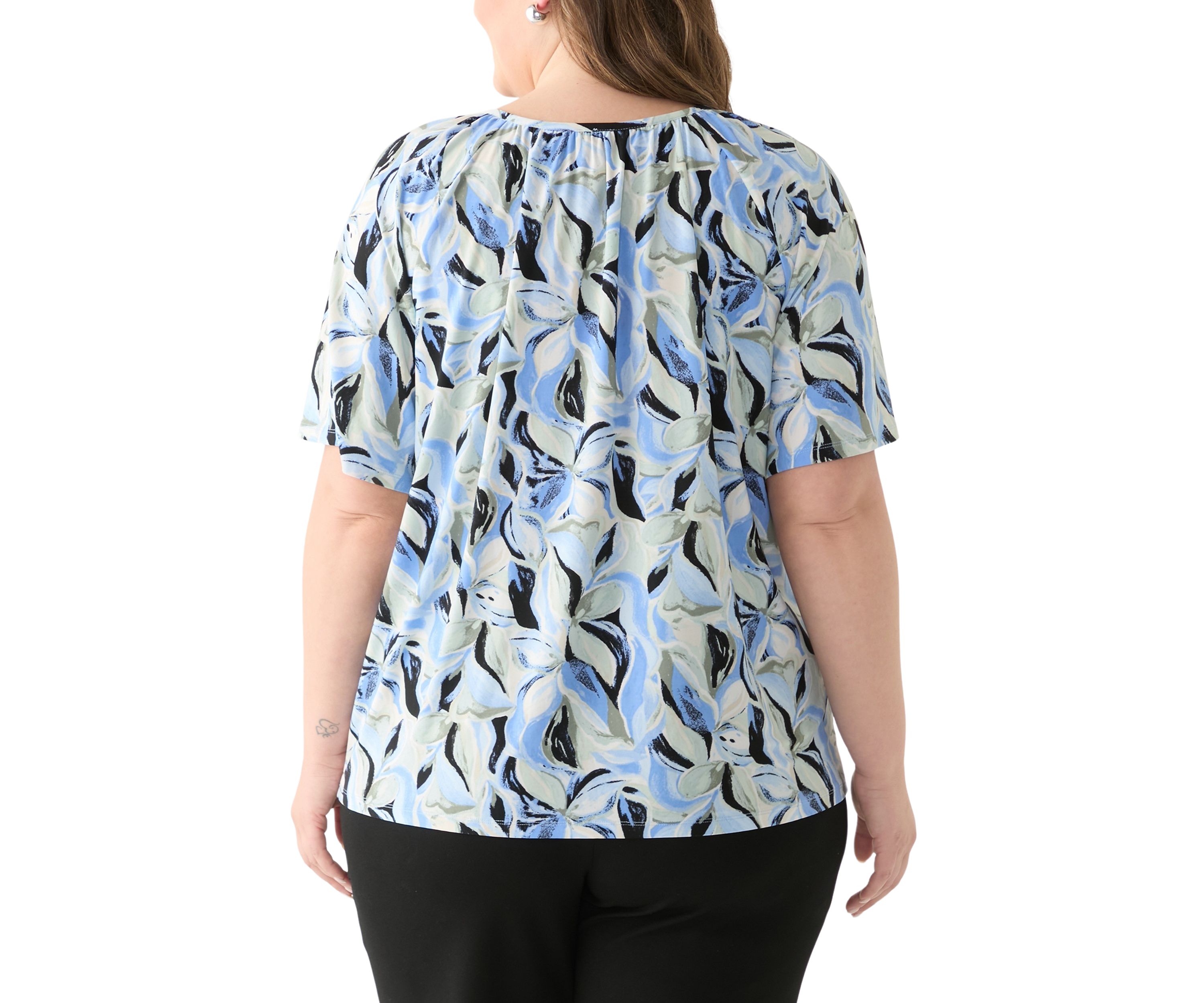 Plus Size Elbow Raglan Sleeve Printed Peasant Top