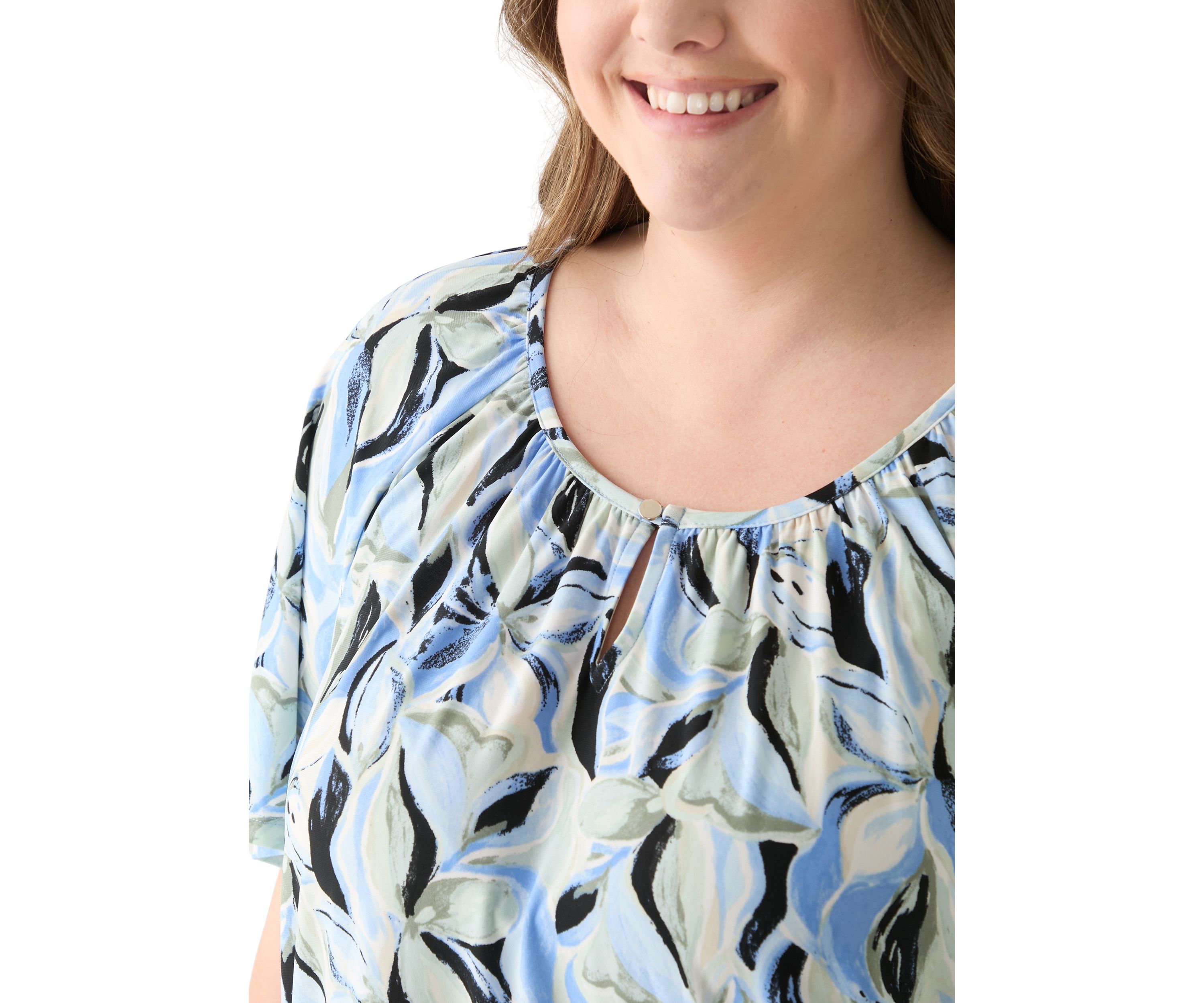 Plus Size Elbow Raglan Sleeve Printed Peasant Top