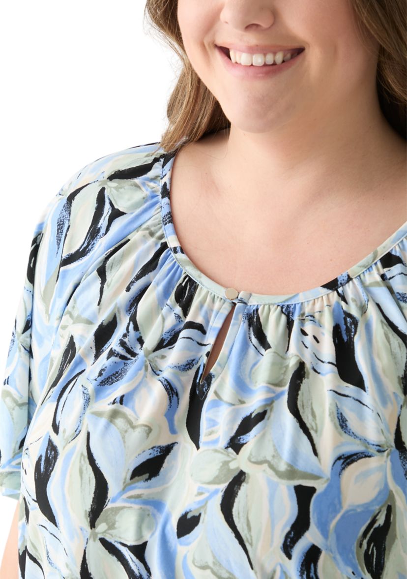 Plus Size Elbow Raglan Sleeve Printed Peasant Top
