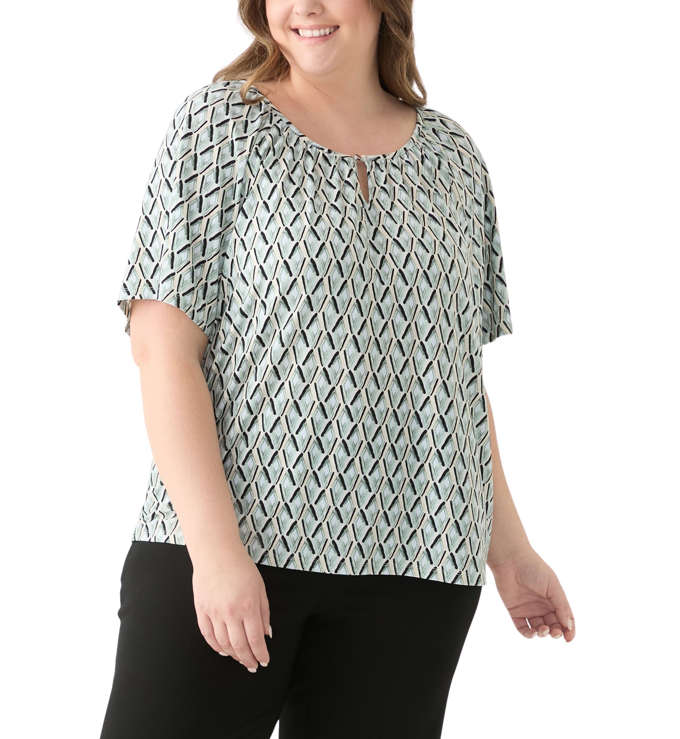 Plus Size Elbow Raglan Sleeve Printed Peasant Top