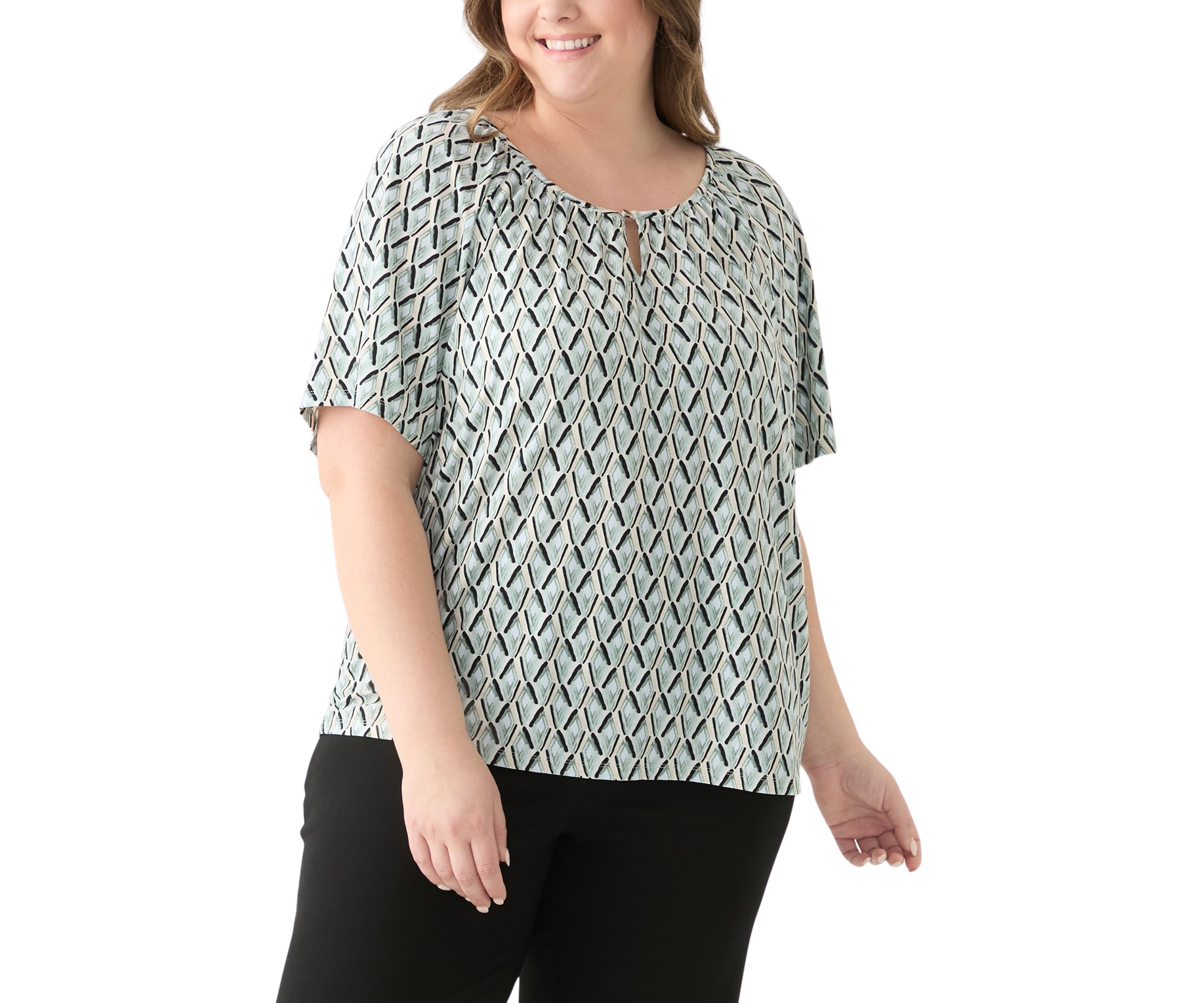 Plus Size Elbow Raglan Sleeve Printed Peasant Top