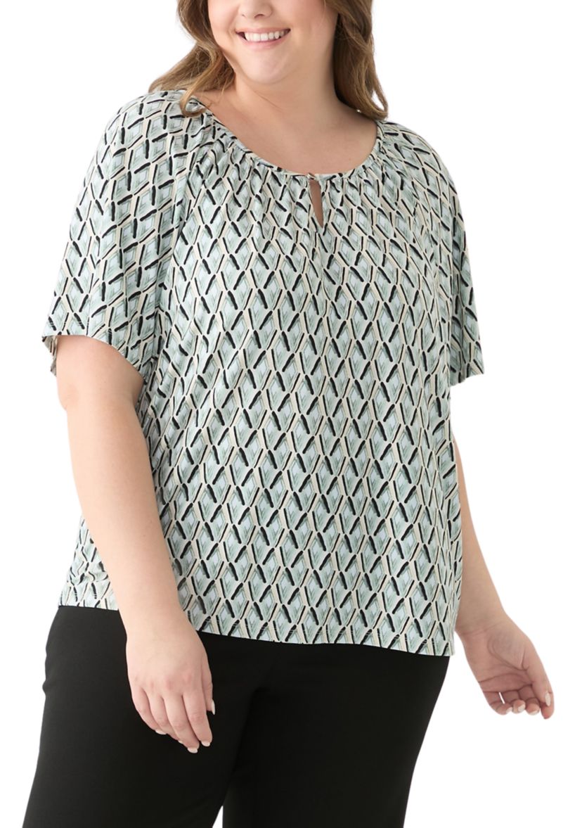 Plus Size Elbow Raglan Sleeve Printed Peasant Top