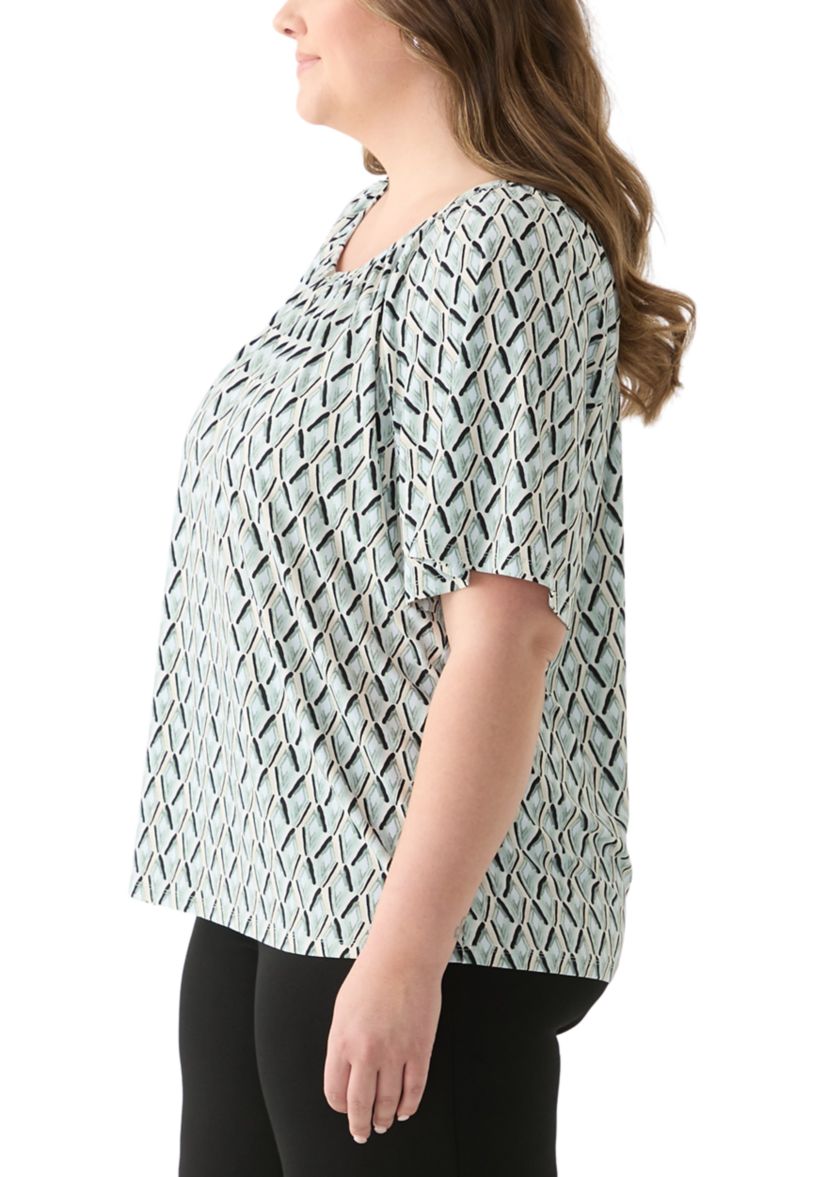 Plus Size Elbow Raglan Sleeve Printed Peasant Top