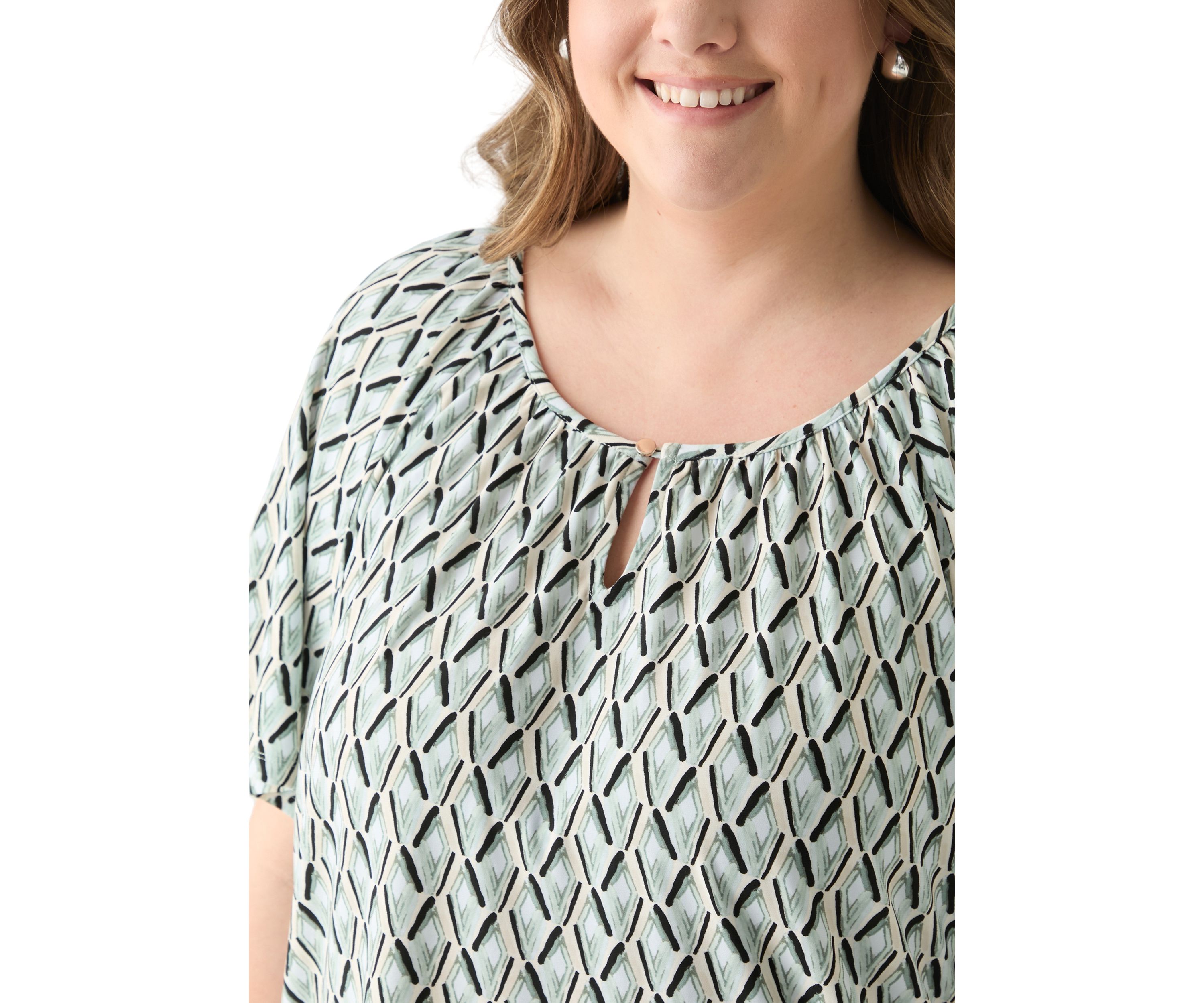 Plus Size Elbow Raglan Sleeve Printed Peasant Top