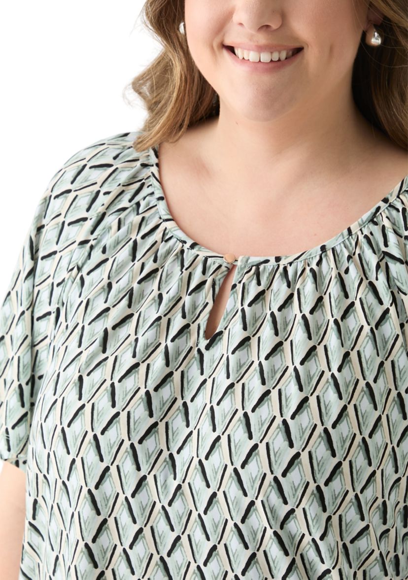 Plus Size Elbow Raglan Sleeve Printed Peasant Top