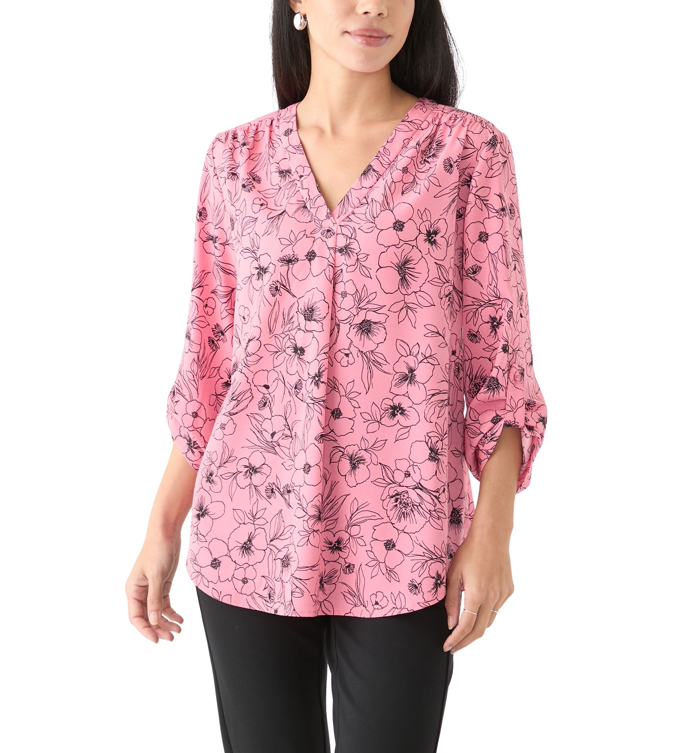 Petite Long Sleeve V-Neck Pleat Front Tunic Top