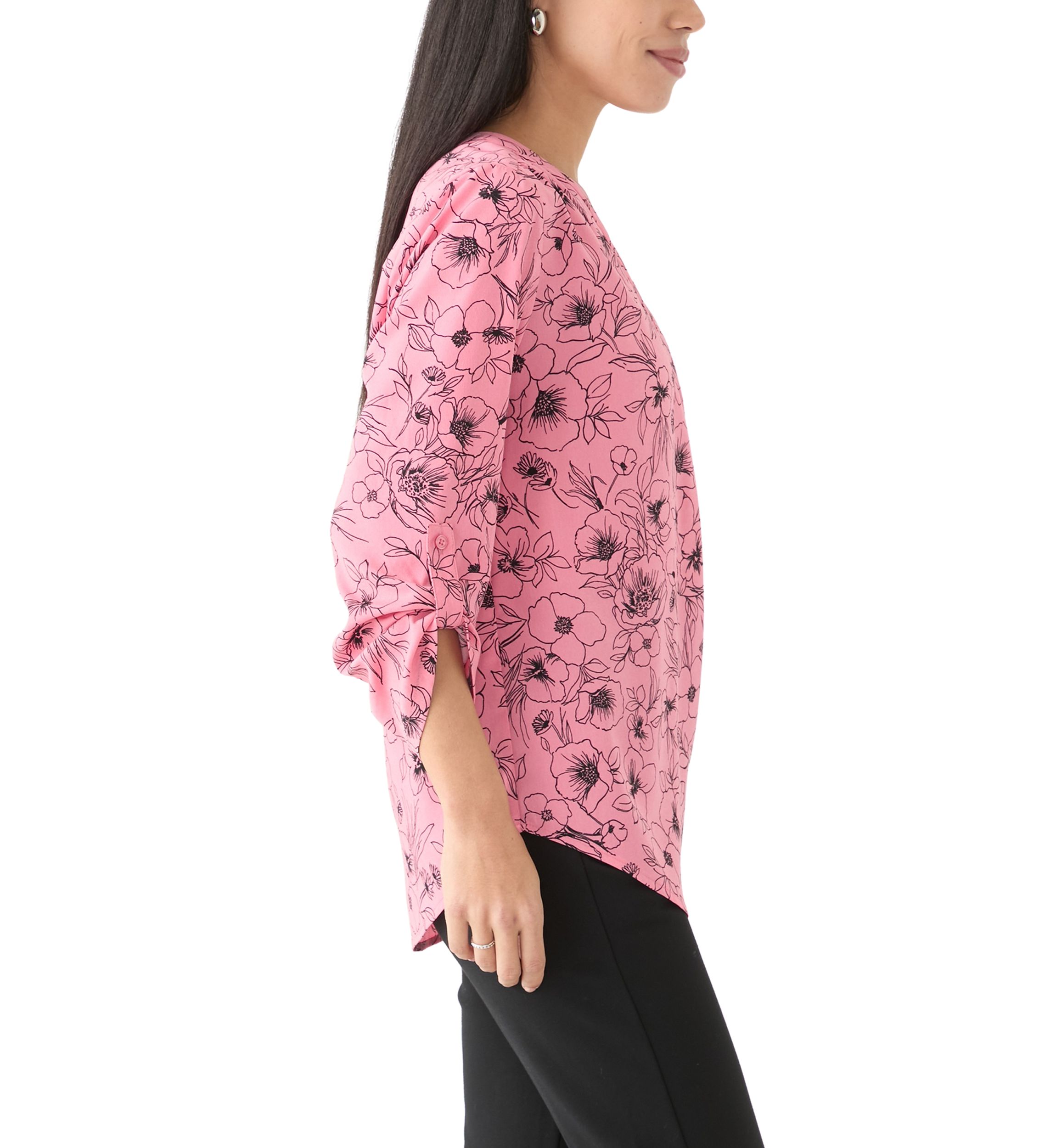 Petite Long Sleeve V-Neck Pleat Front Tunic Top