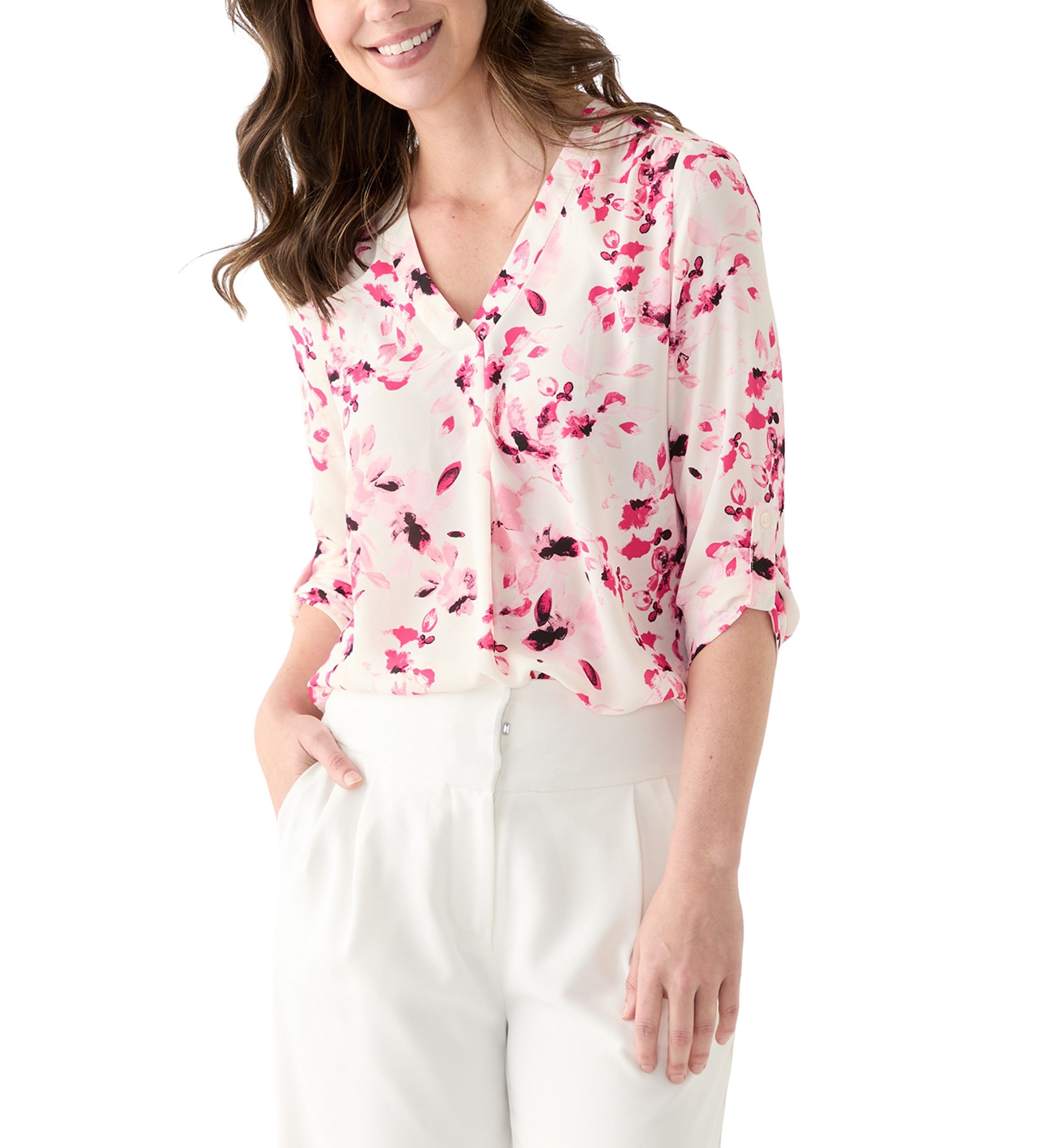 Womens Roll Tab V-Neck Printed Tunic Top