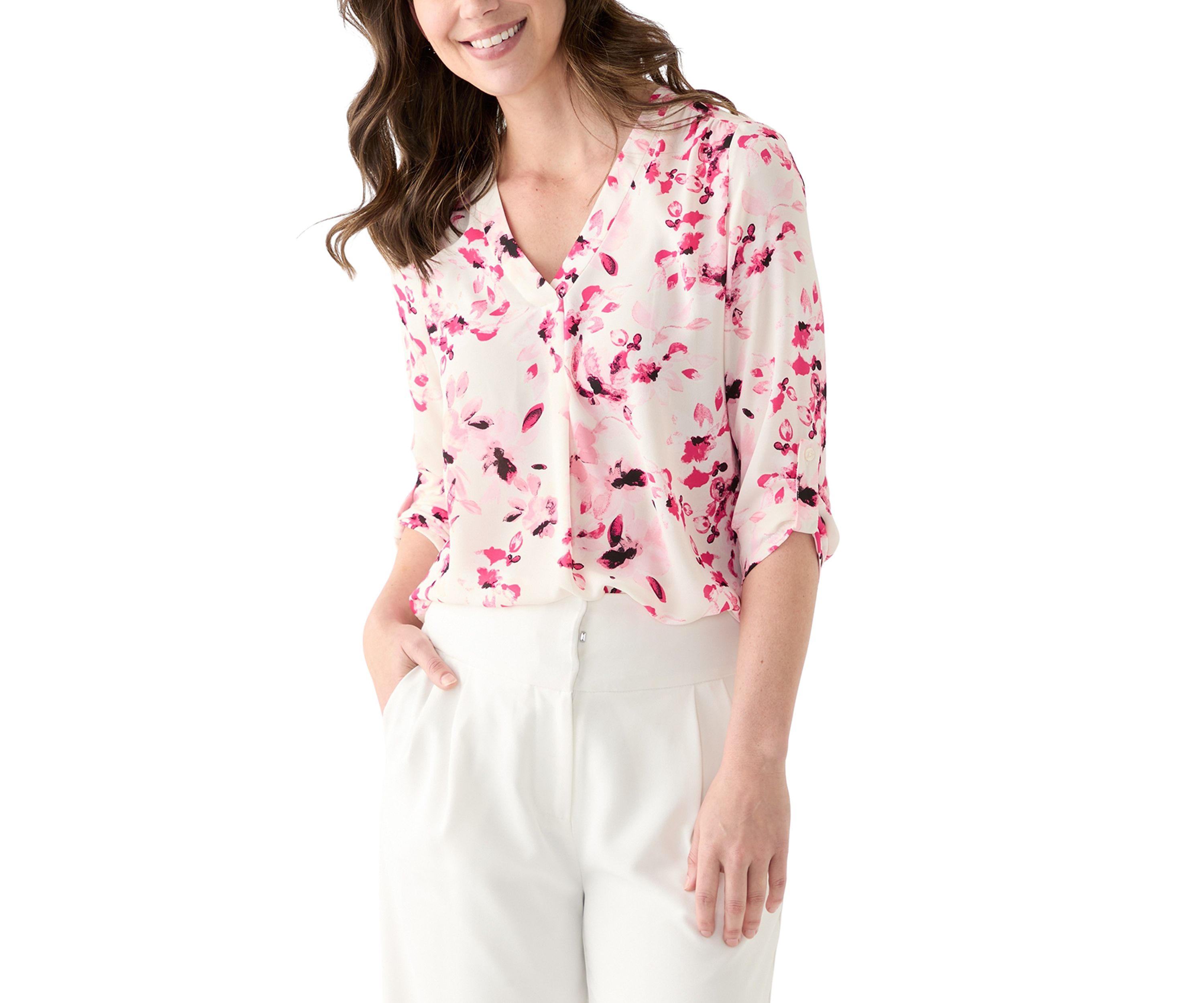 Womens Roll Tab V-Neck Printed Tunic Top