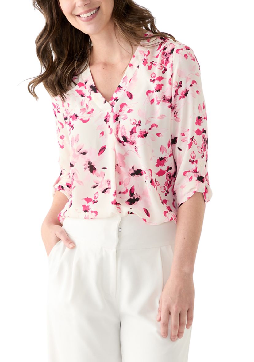 Womens Roll Tab V-Neck Printed Tunic Top