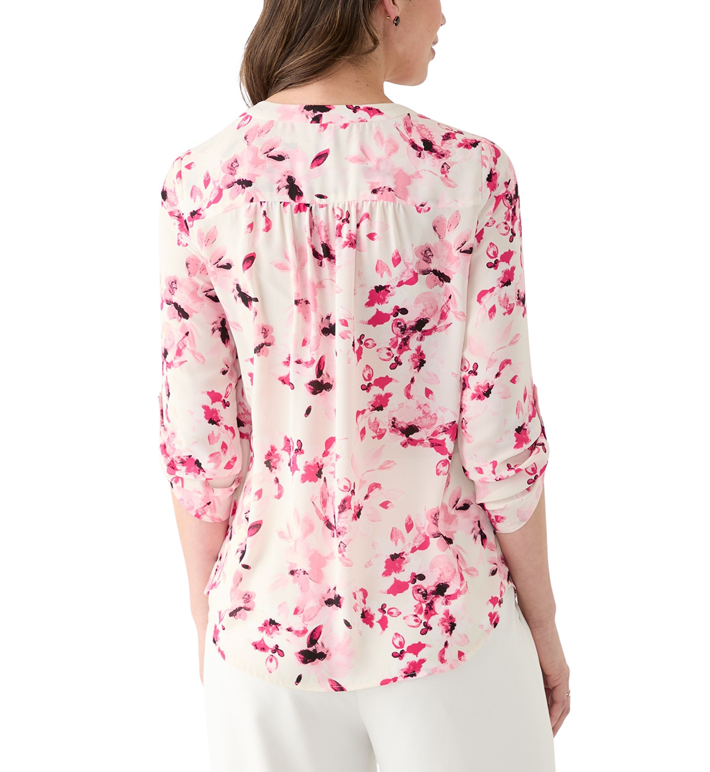 Womens Roll Tab V-Neck Printed Tunic Top