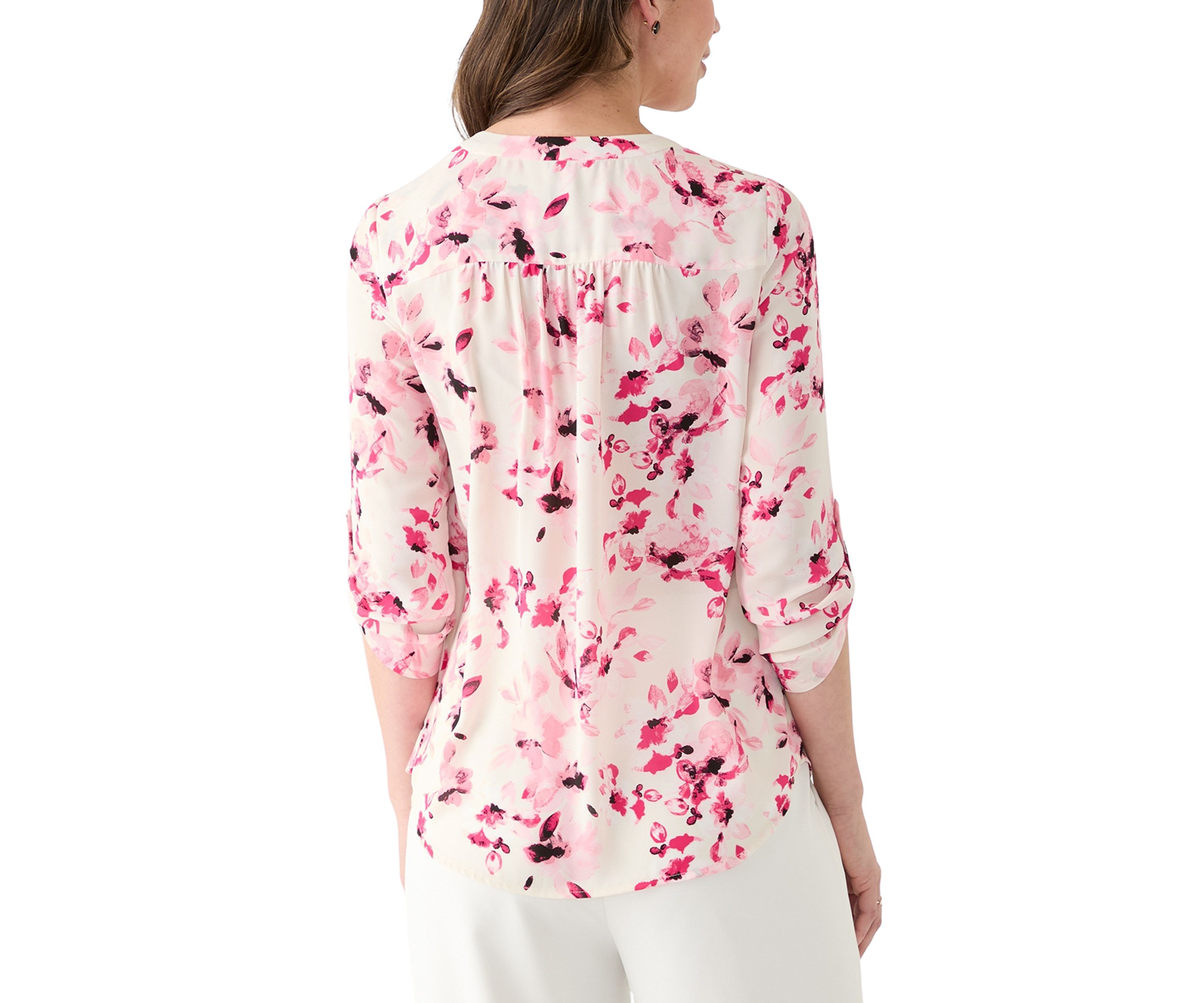 Womens Roll Tab V-Neck Printed Tunic Top