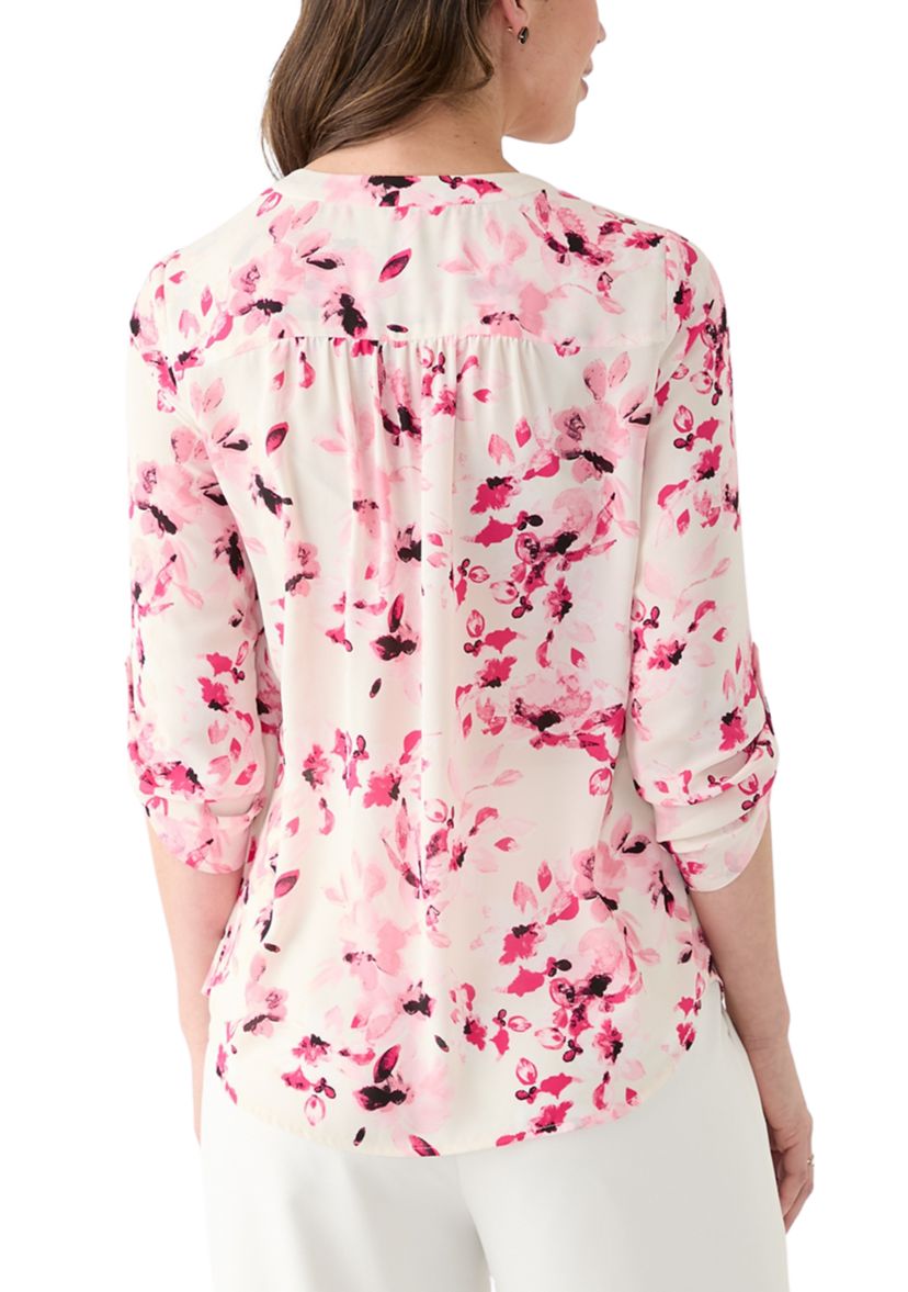 Womens Roll Tab V-Neck Printed Tunic Top
