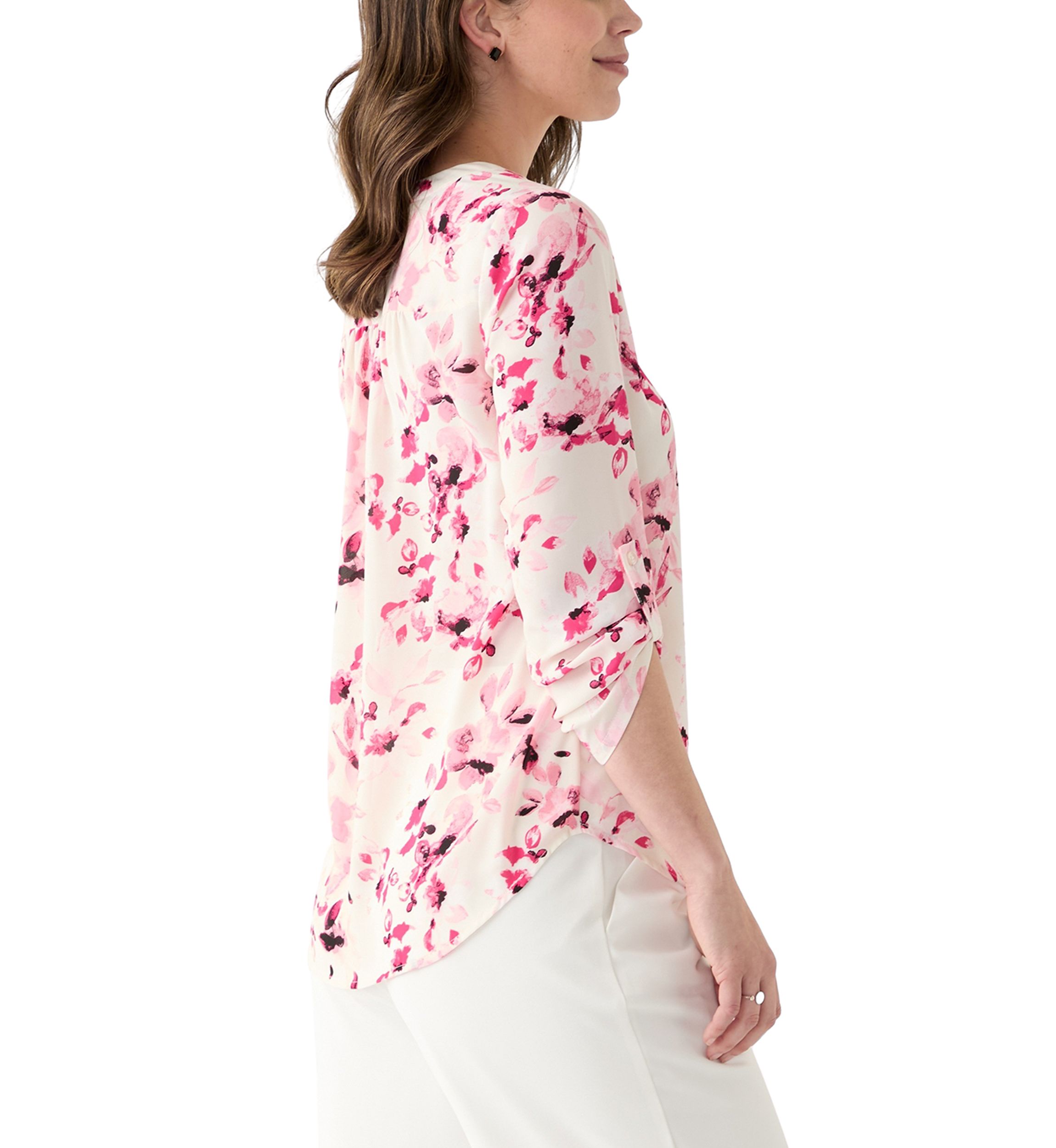 Womens Roll Tab V-Neck Printed Tunic Top