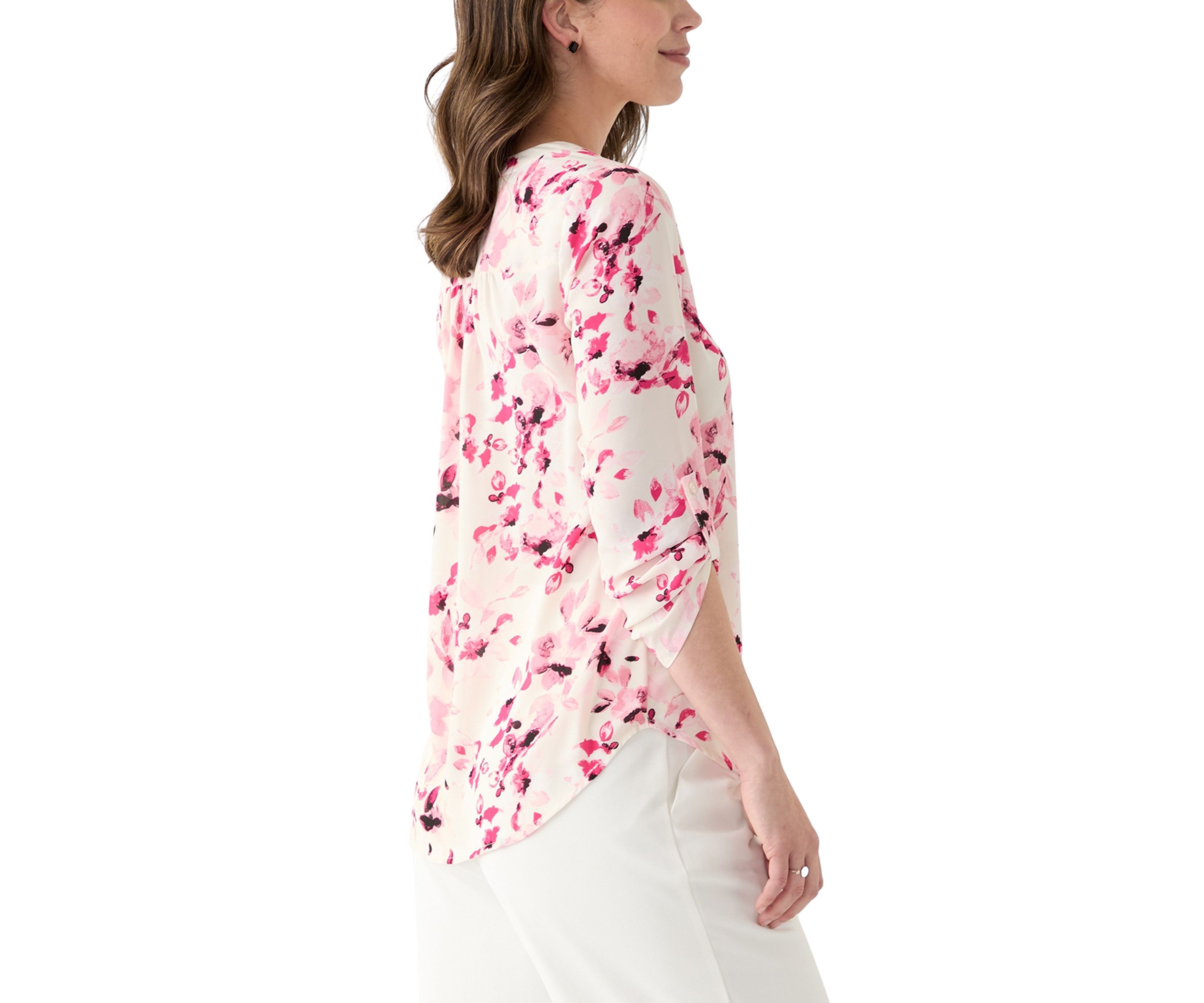 Womens Roll Tab V-Neck Printed Tunic Top