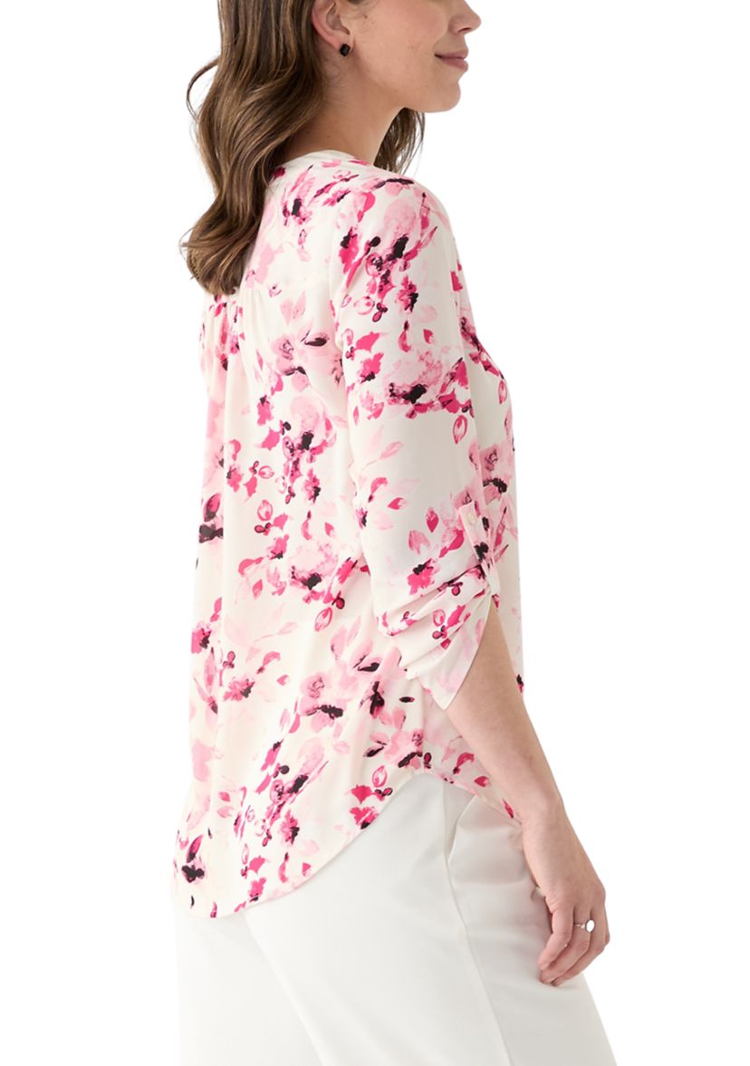 Womens Roll Tab V-Neck Printed Tunic Top