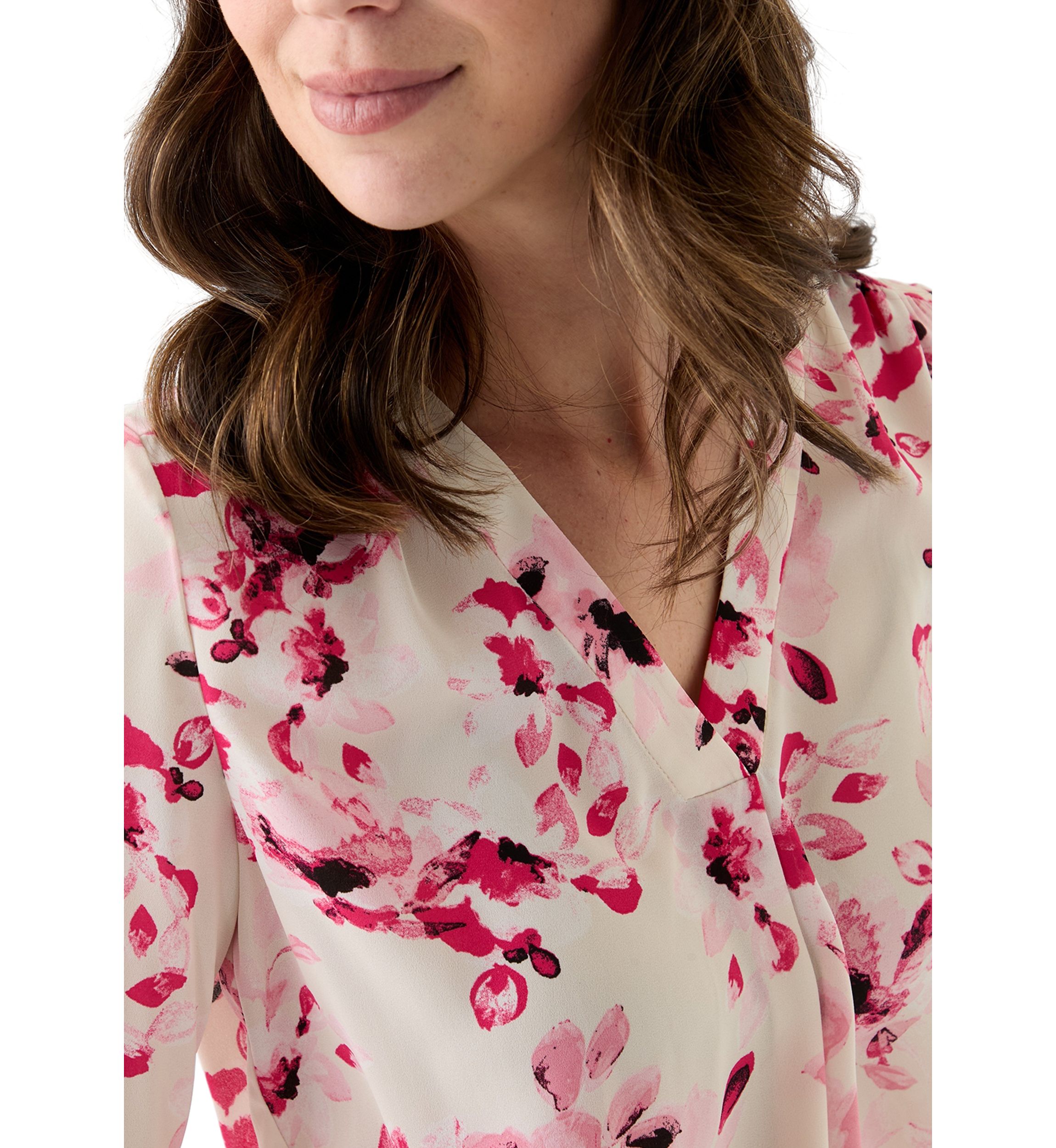 Womens Roll Tab V-Neck Printed Tunic Top