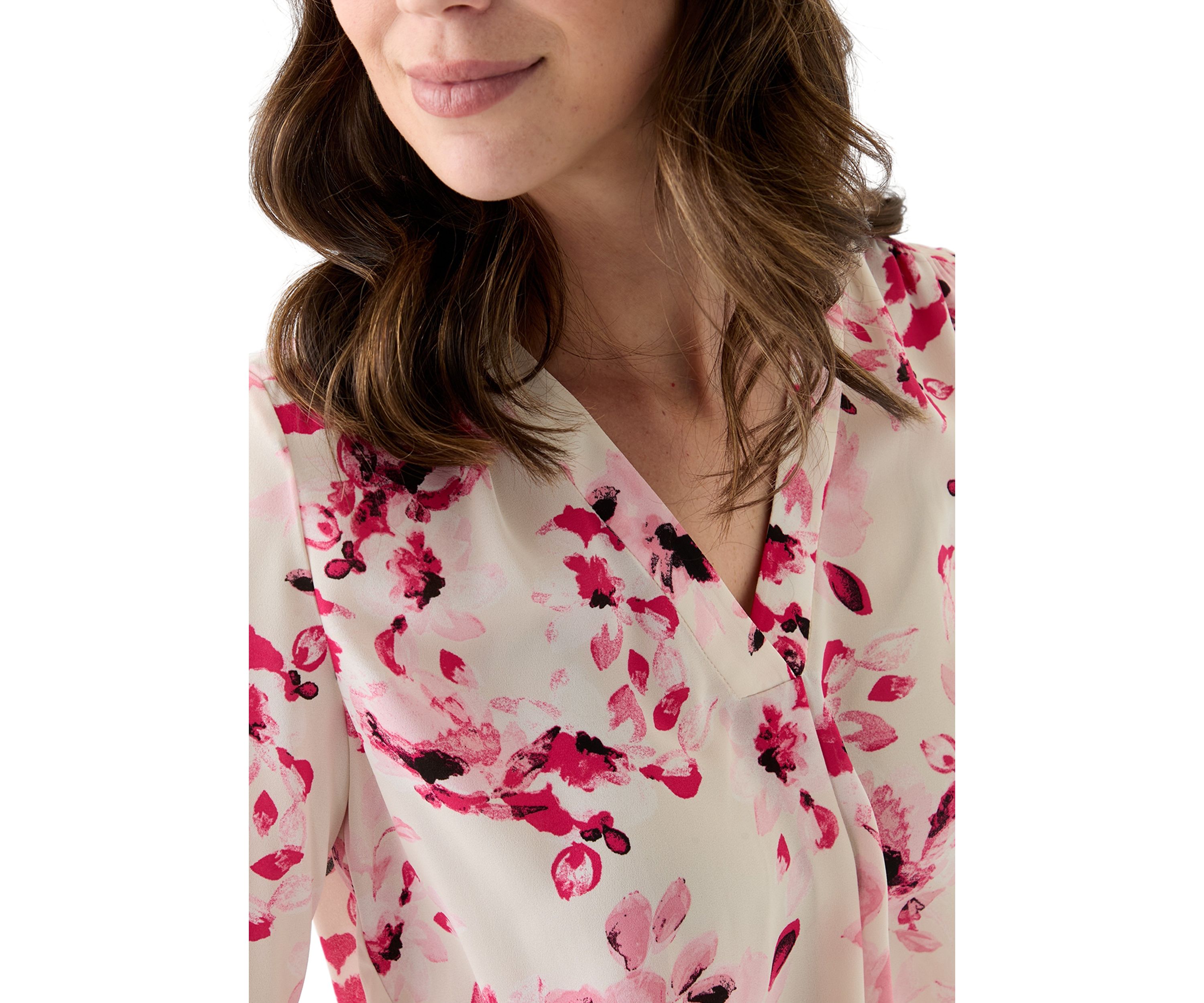 Womens Roll Tab V-Neck Printed Tunic Top