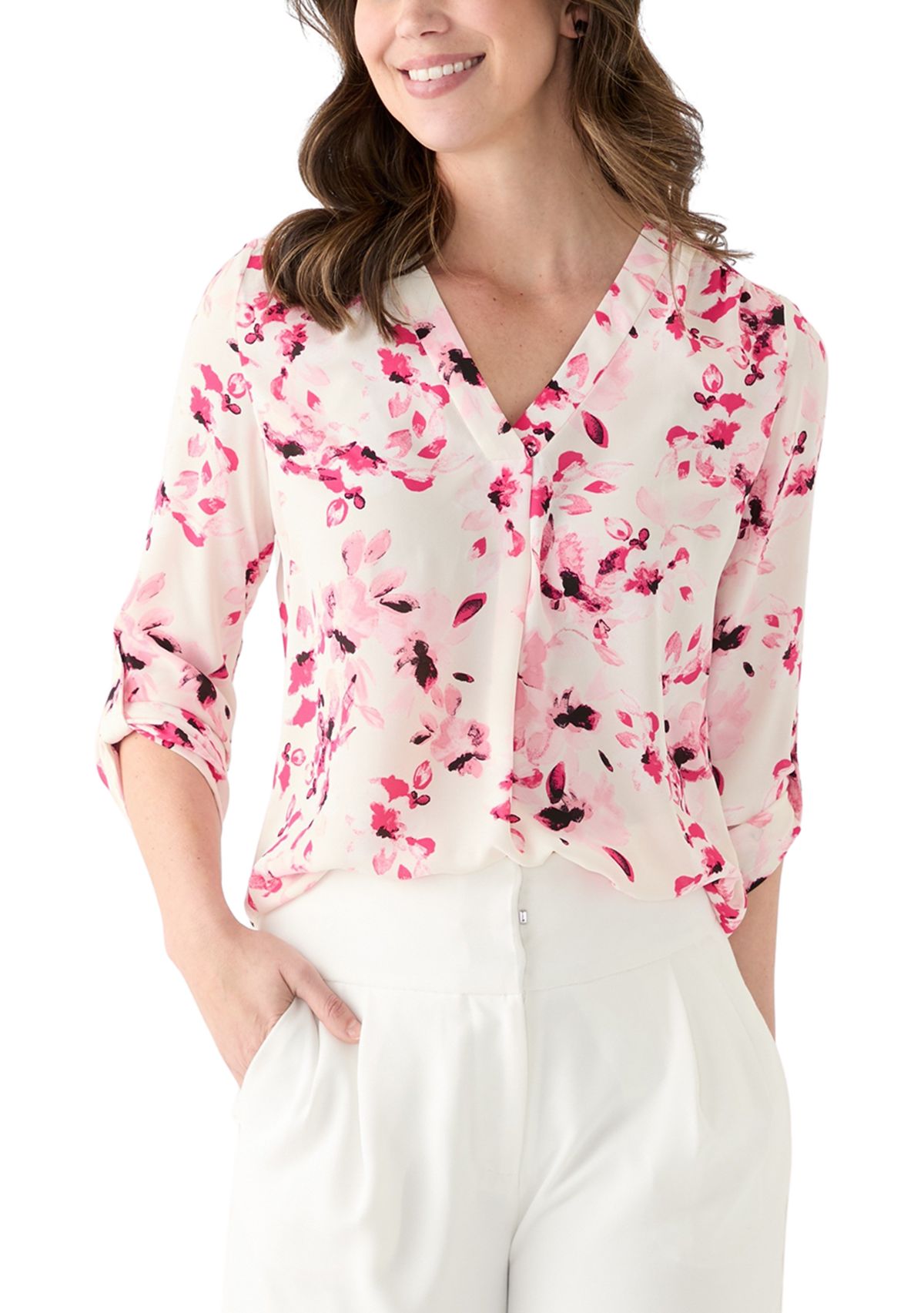 Petite Long Sleeve V-Neck Pleat Front Tunic Top