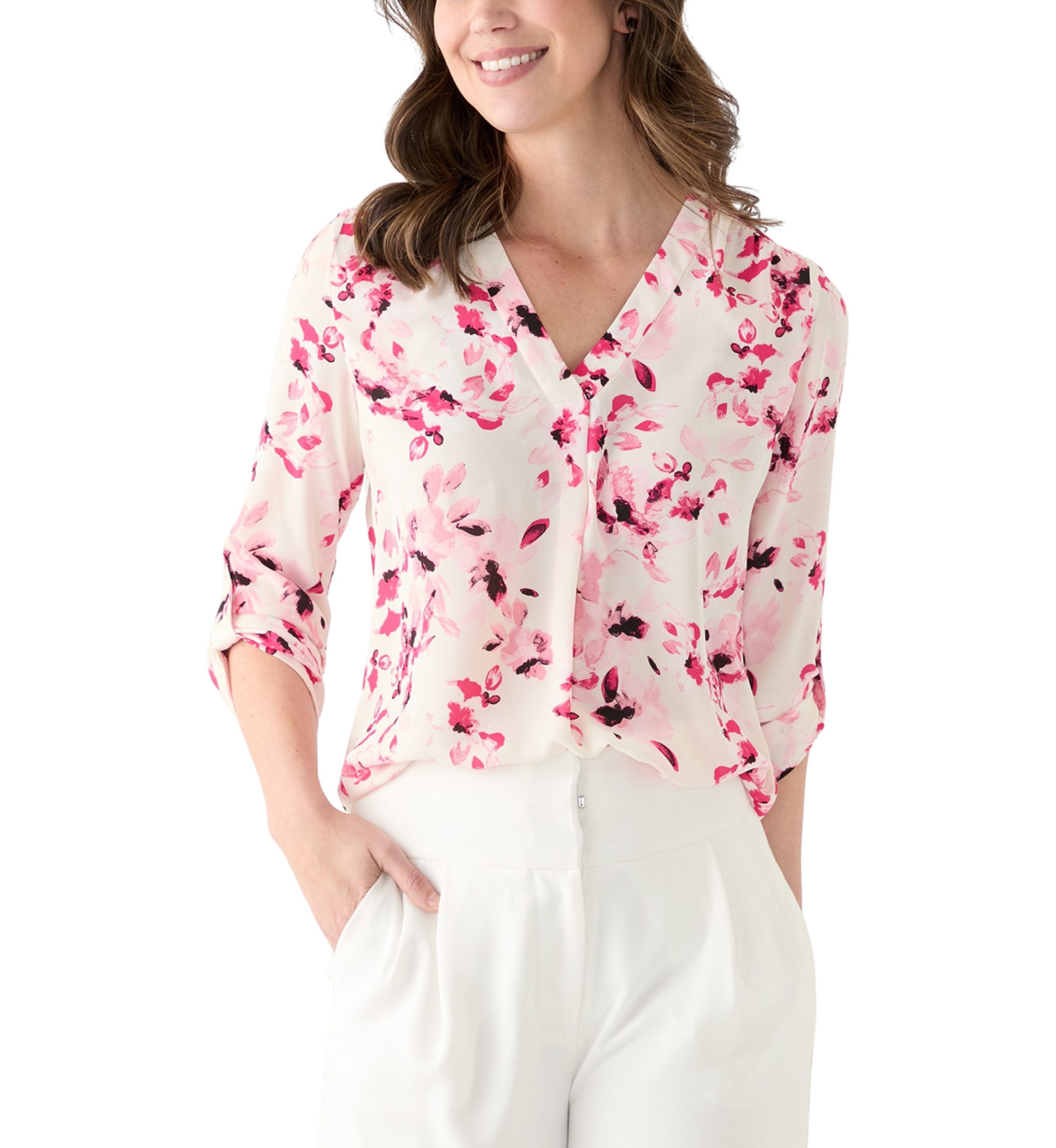 Petite Long Sleeve V-Neck Pleat Front Tunic Top