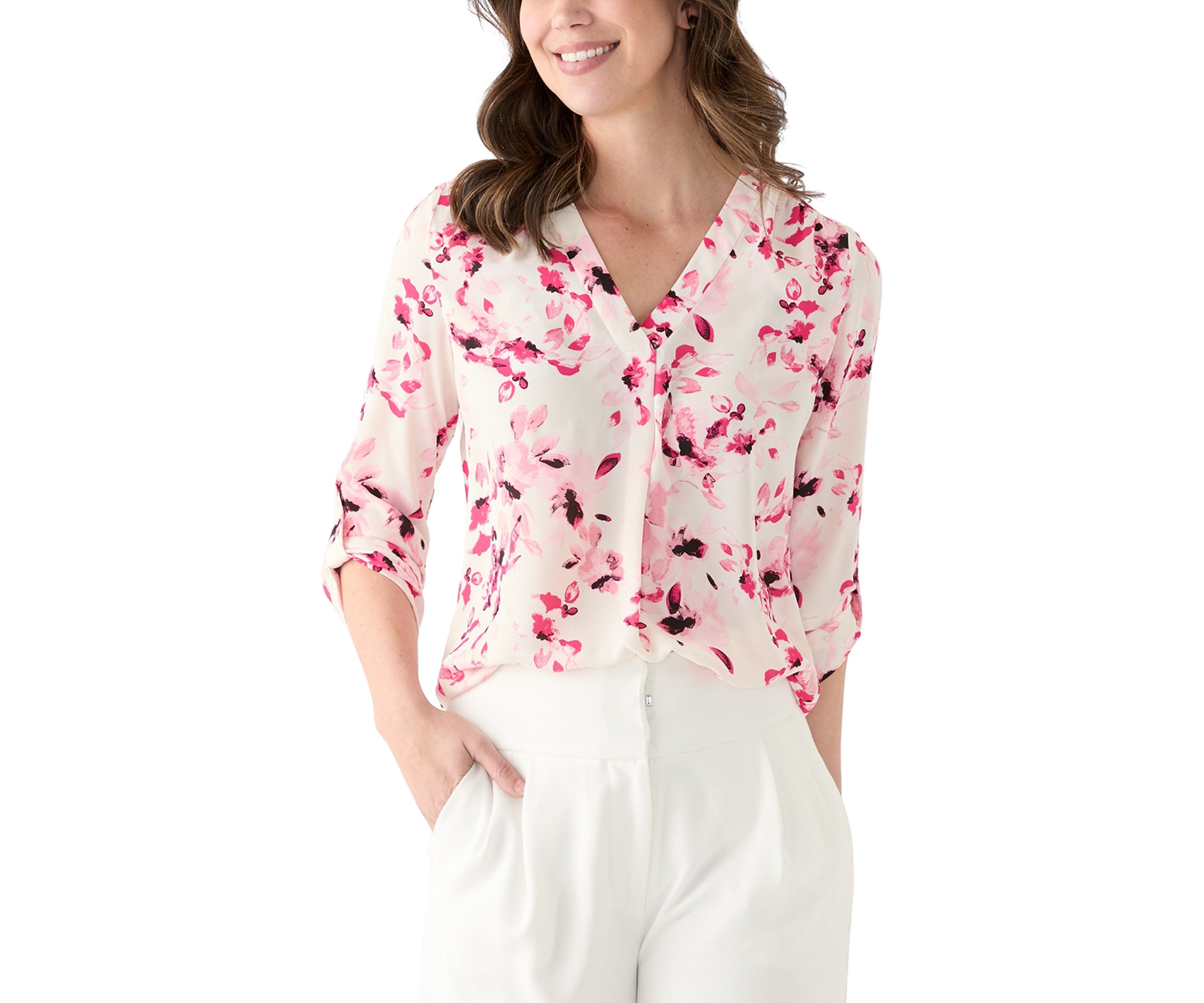 Petite Long Sleeve V-Neck Pleat Front Tunic Top