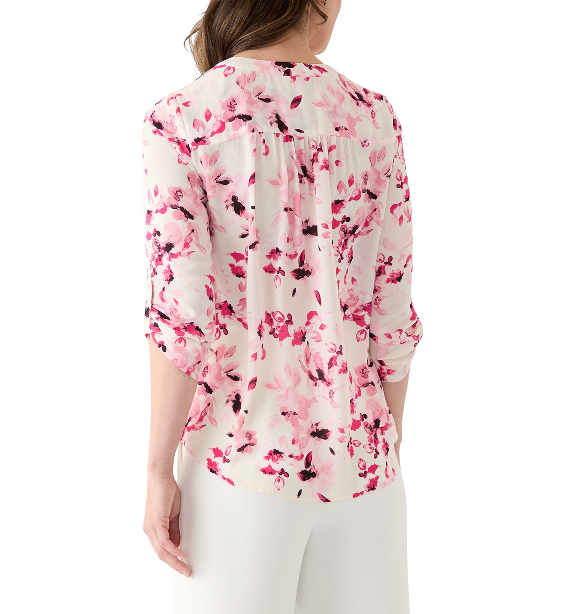 Petite Long Sleeve V-Neck Pleat Front Tunic Top