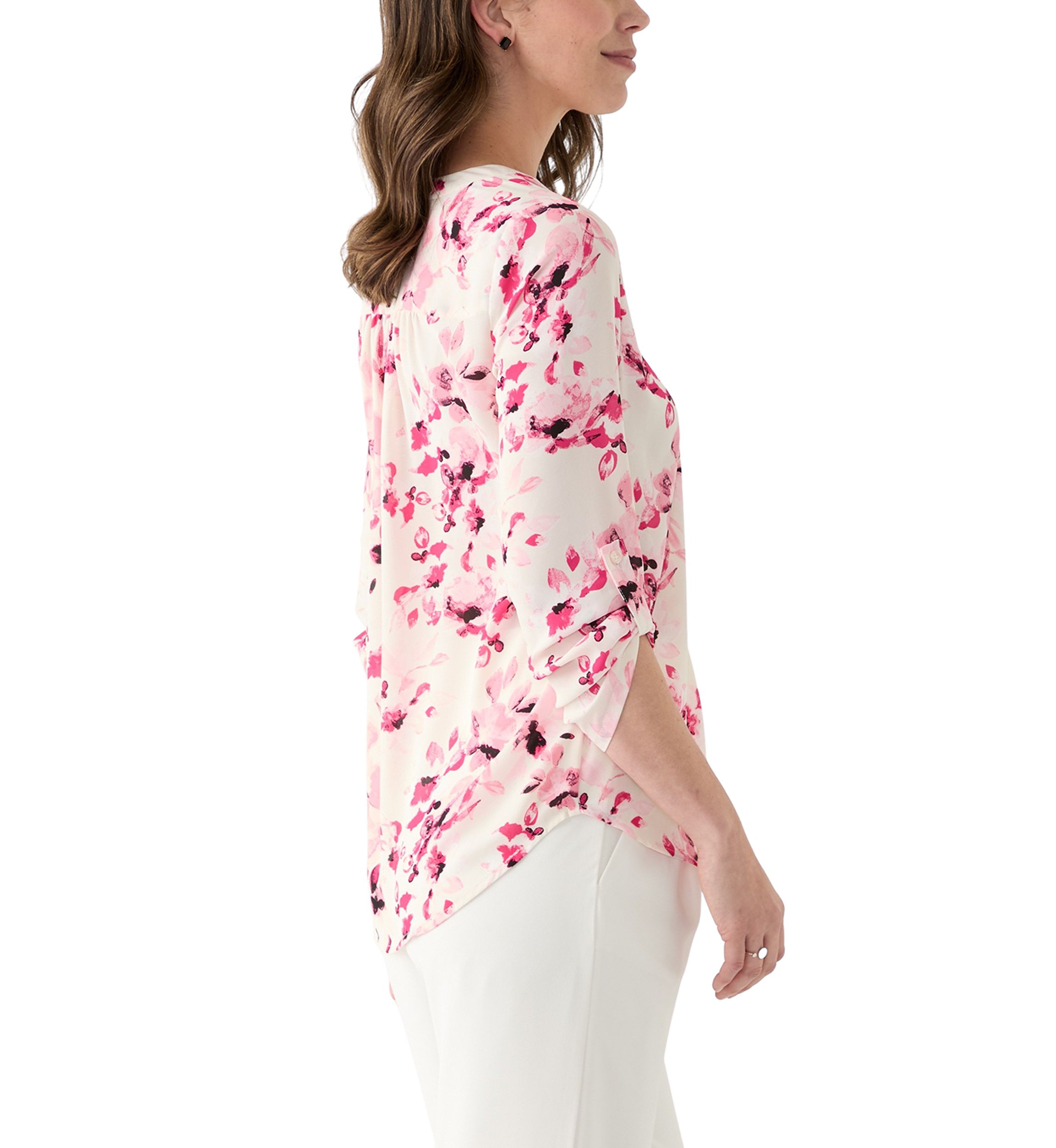 Petite Long Sleeve V-Neck Pleat Front Tunic Top