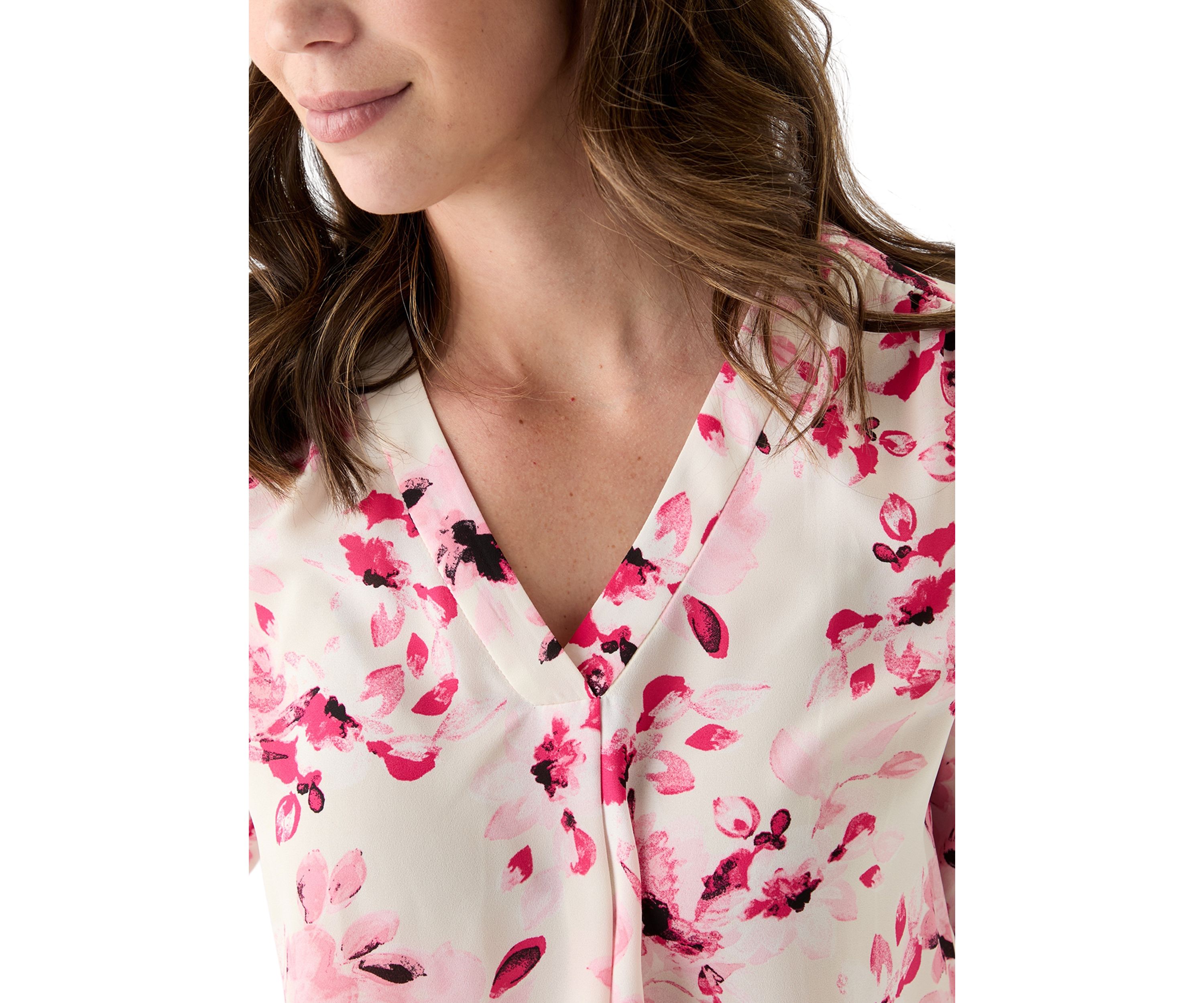 Petite Long Sleeve V-Neck Pleat Front Tunic Top