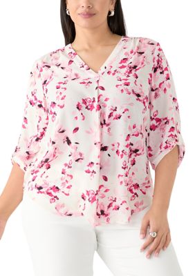 AK Anne Klein Women's Plus SIze Pleated Front Printed Top