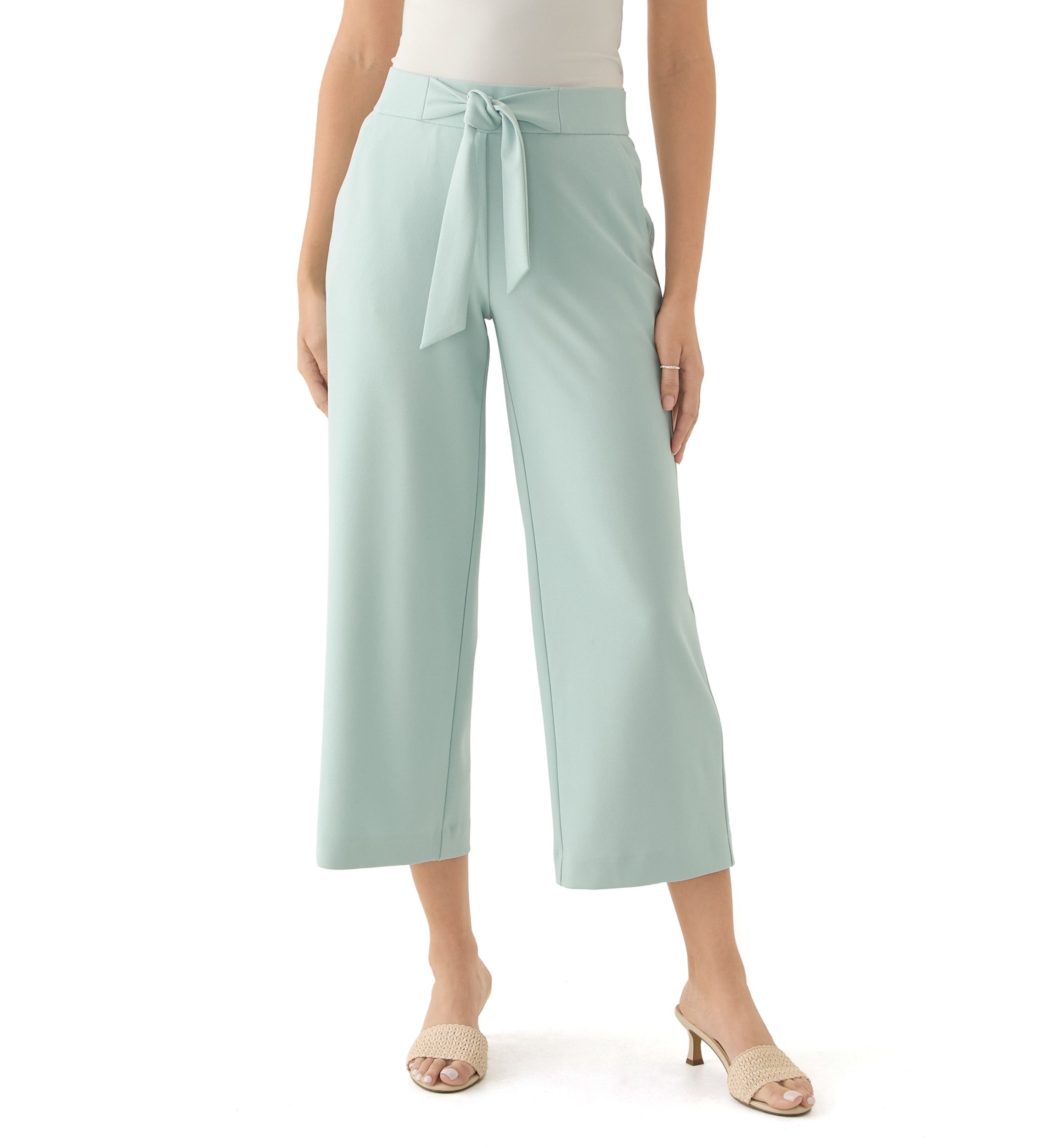 Womens Tie Front Wide Leg Cropped Pants